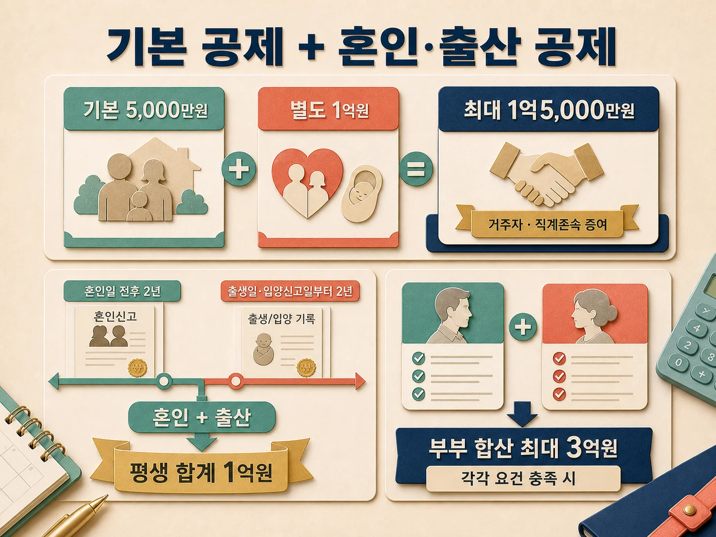 혼인·출산 증여재산공제 1억원과 기본 증여세 공제 5천만원 적용 요건