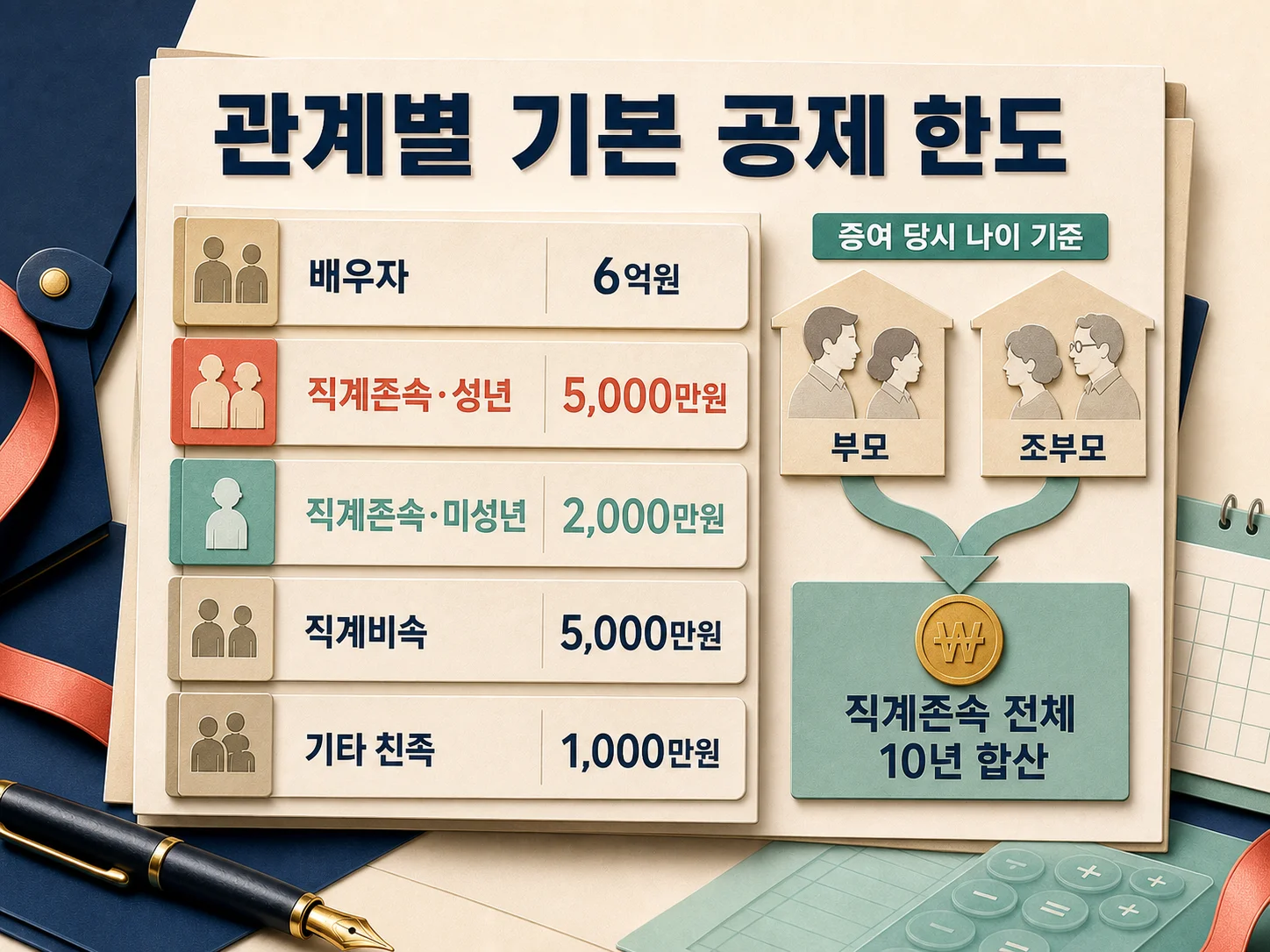 가족 관계별 증여세 공제 한도와 직계존속 10년 합산 기준