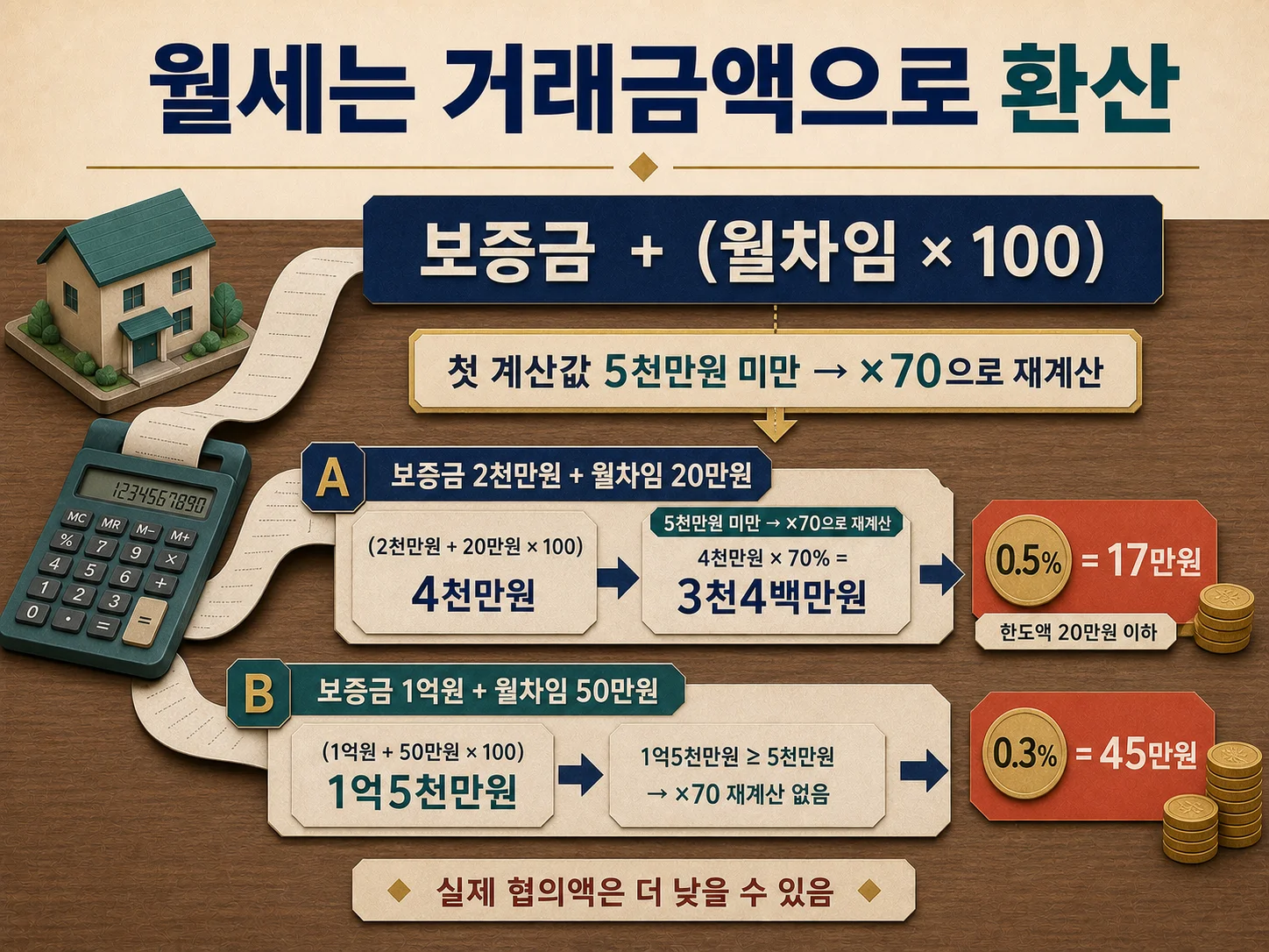 보증금과 월세를 반영한 임대차 거래금액 및 중개보수 계산