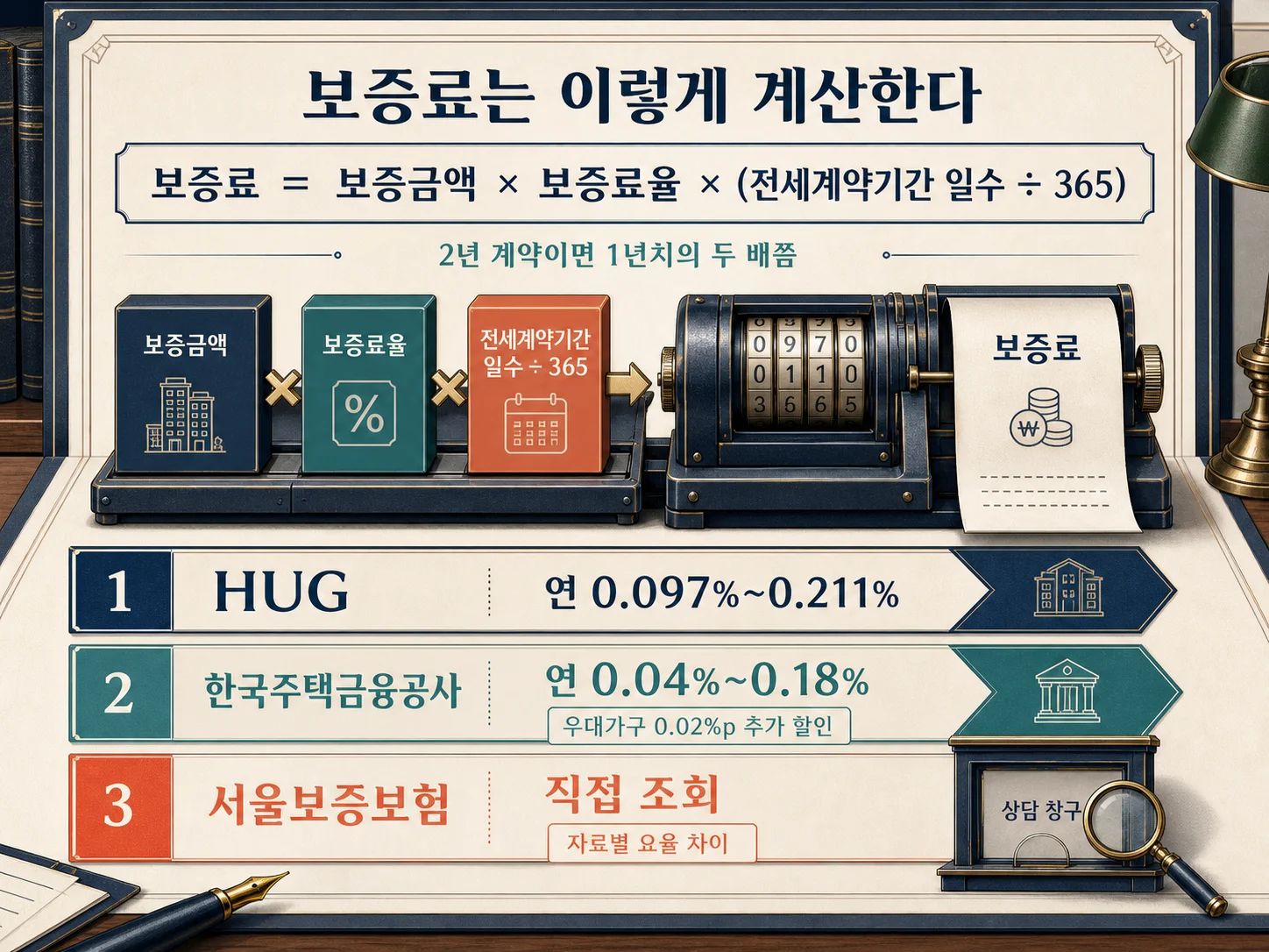 전세보증금반환보증 보증료율 계산 방식과 할인 항목을 설명하는 이미지