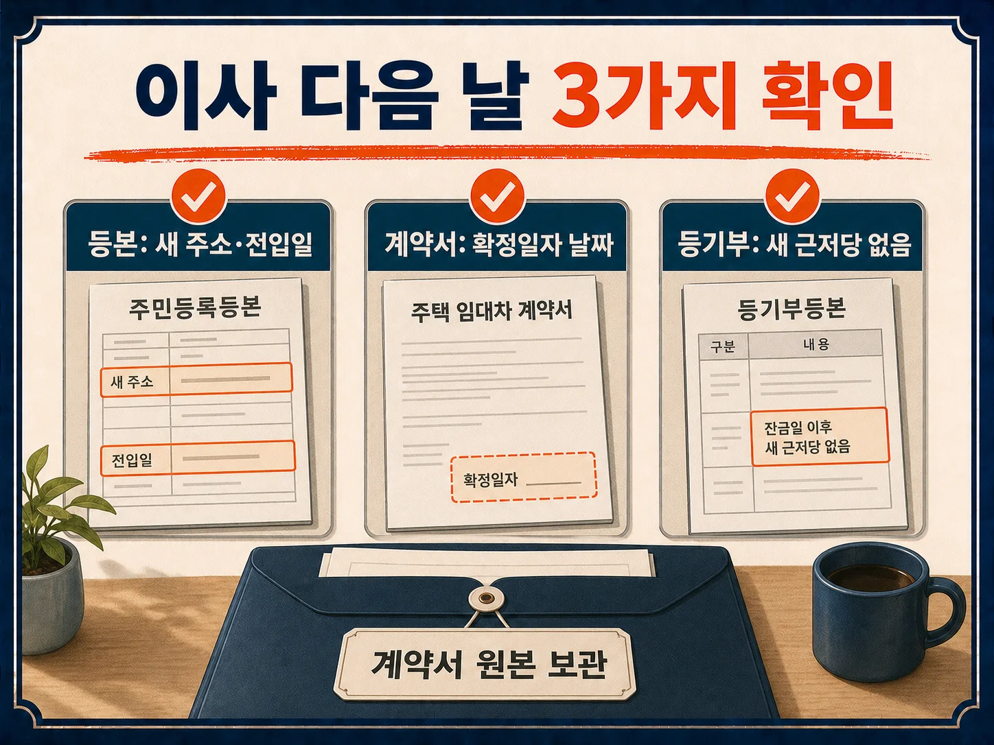주민등록등본과 계약서 확정일자 도장을 대조해 우선변제권을 점검하는 체크리스트