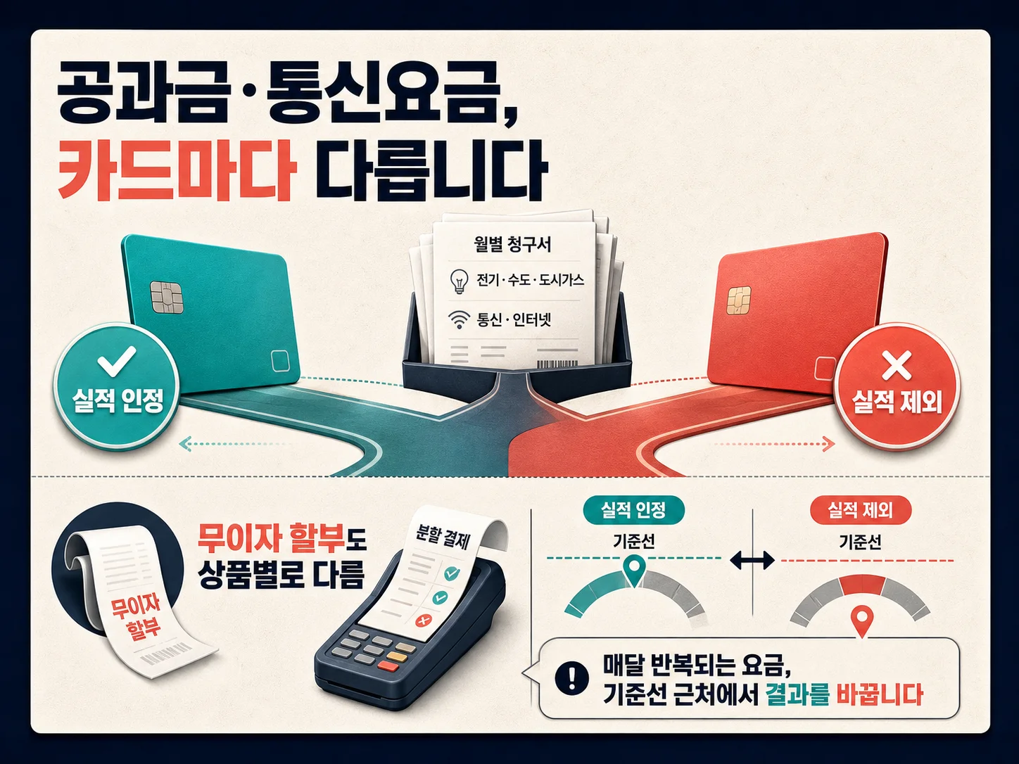 전기요금과 통신요금의 카드사별 전월실적 인정 여부 차이