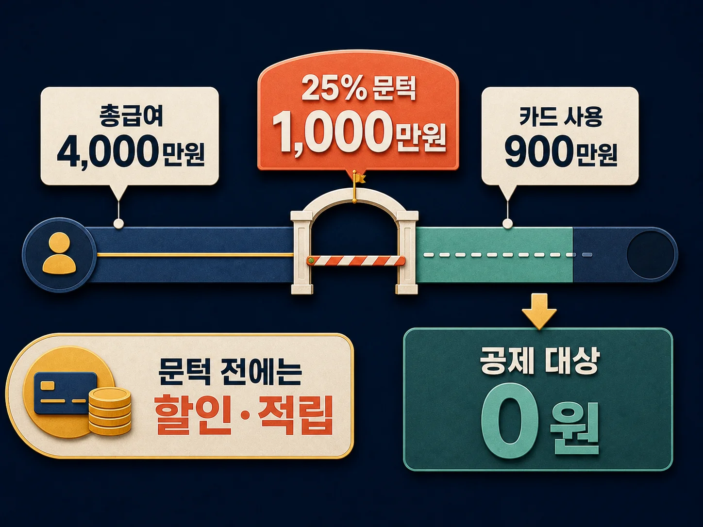 총급여 25% 초과 전까지 카드 소득공제액이 0원인 구간 설명