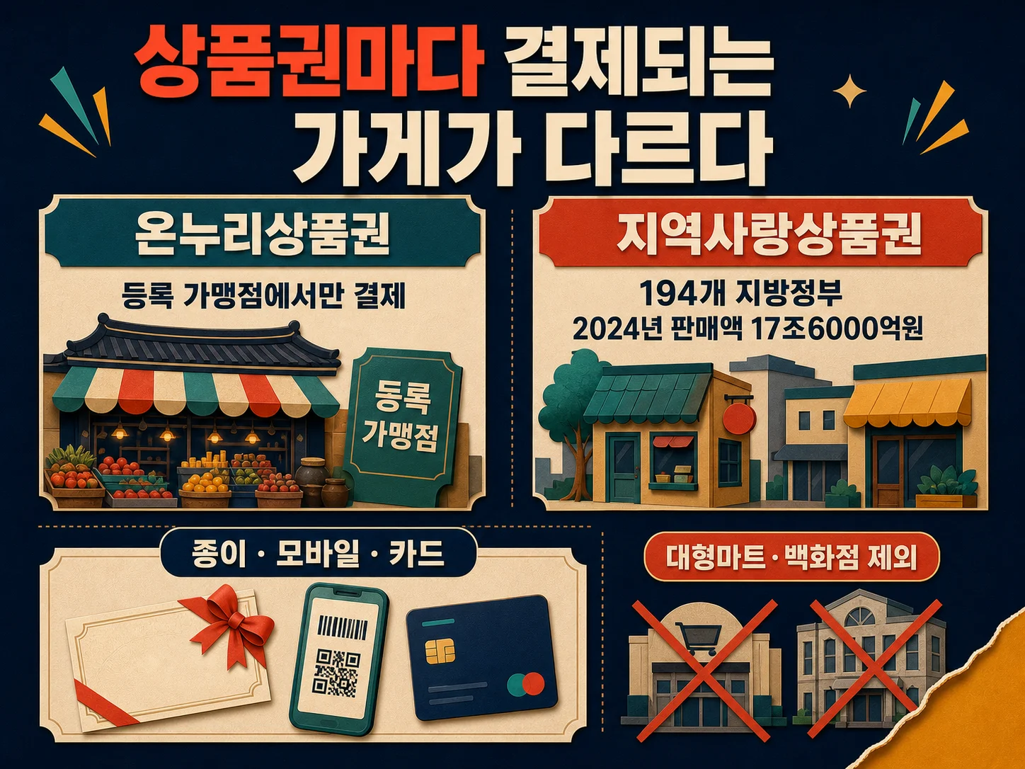 온누리상품권과 지역사랑상품권의 가맹점 사용처 차이를 비교한 이미지