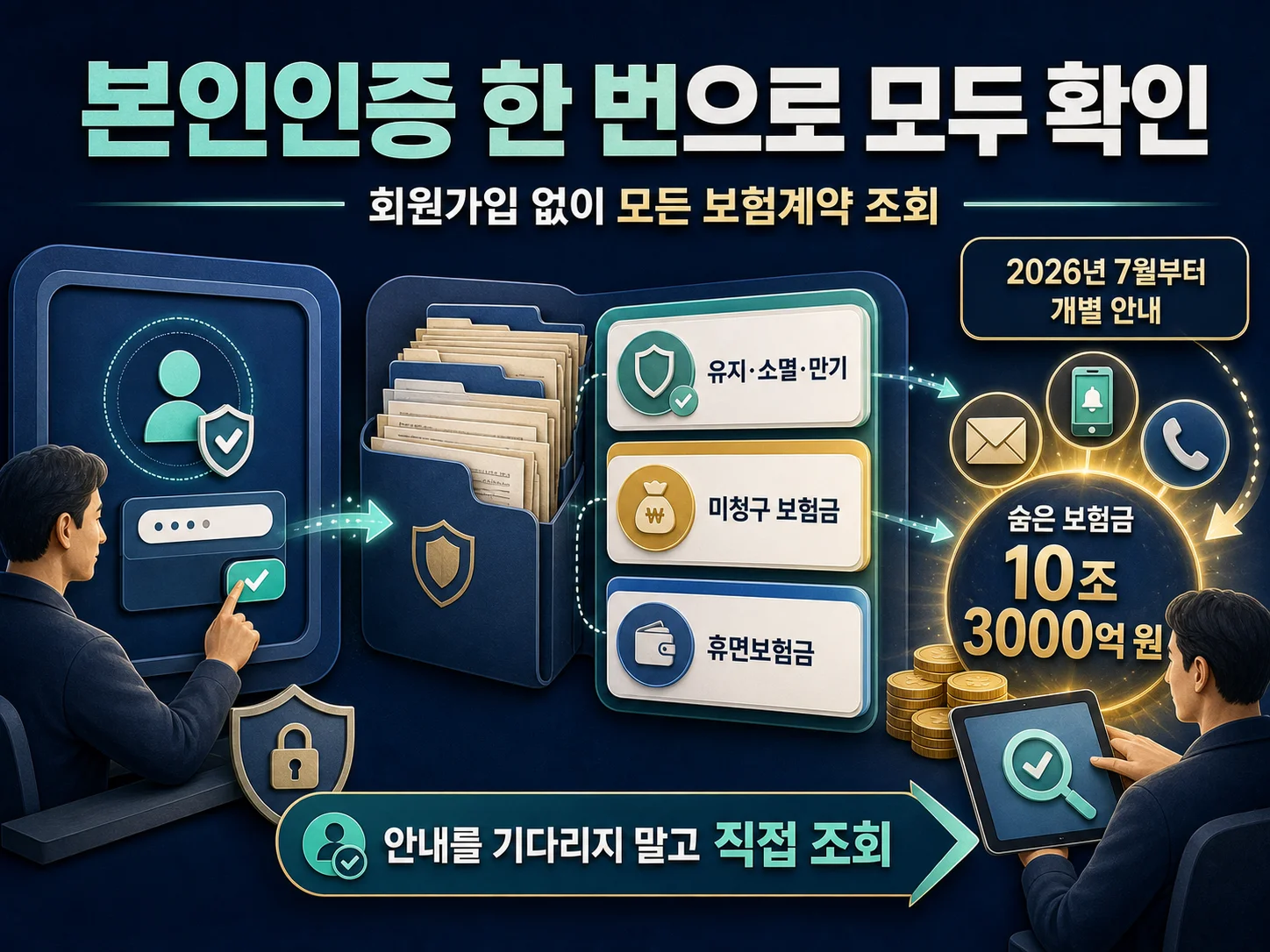 본인인증으로 내보험찾아줌의 보험계약과 미청구 보험금을 확인하는 안내.