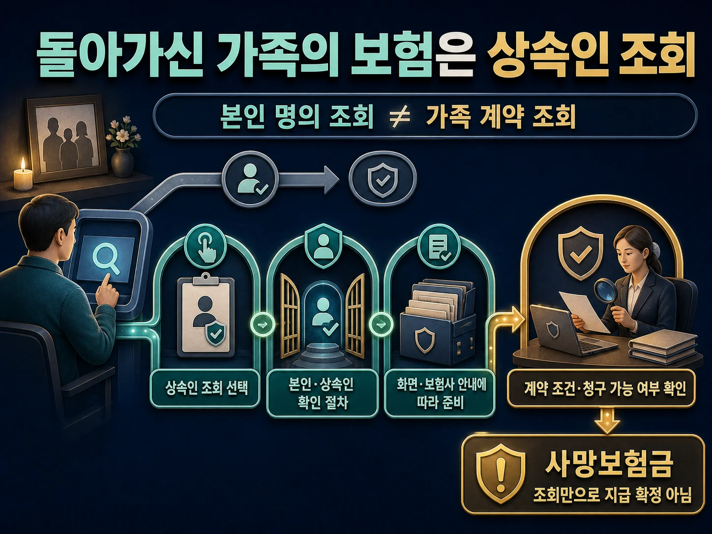 상속인 조회로 사망한 가족의 보험계약과 사망보험금을 확인하는 안내.