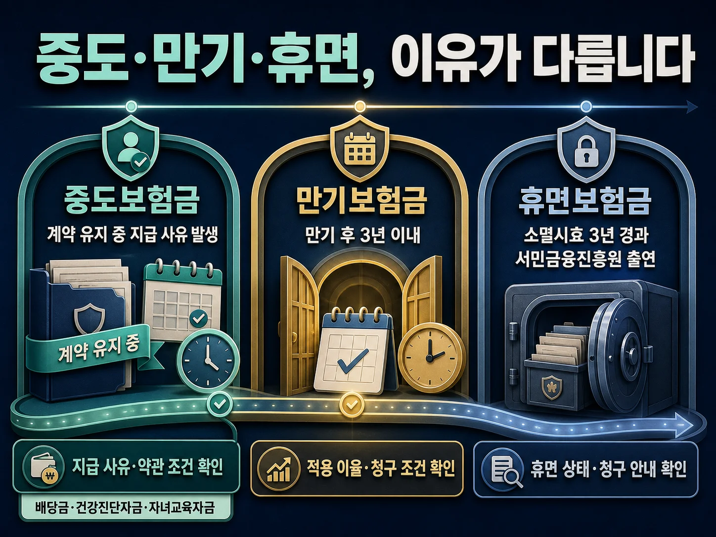 중도보험금·만기보험금·휴면보험금의 구분과 확인 조건 안내.