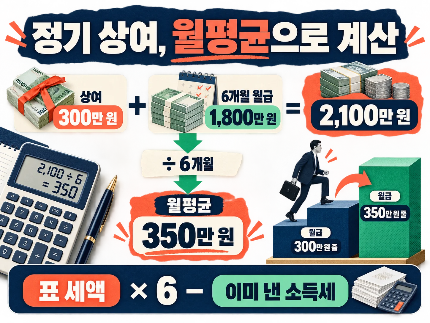 정기 상여금과 월급을 합산해 월평균 소득세를 계산하는 3단계 과정