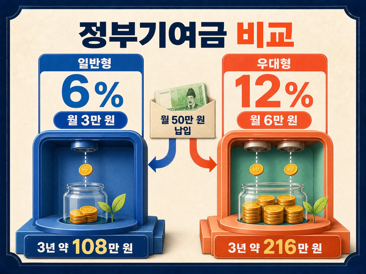 청년미래적금 일반형 6%와 우대형 12% 정부기여금 비율 비교