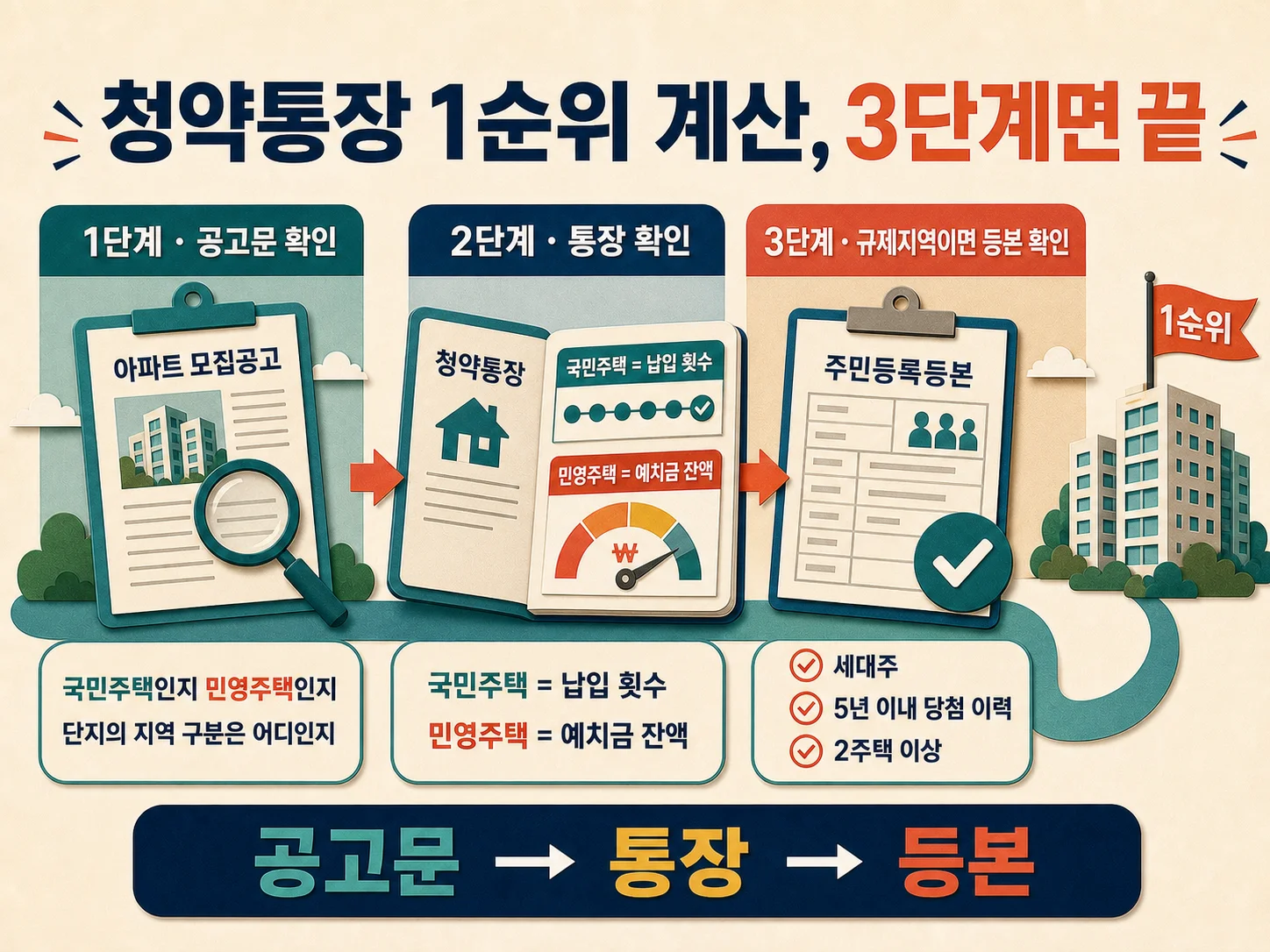 청약통장 1순위 계산 3단계 국민주택 민영주택 비교