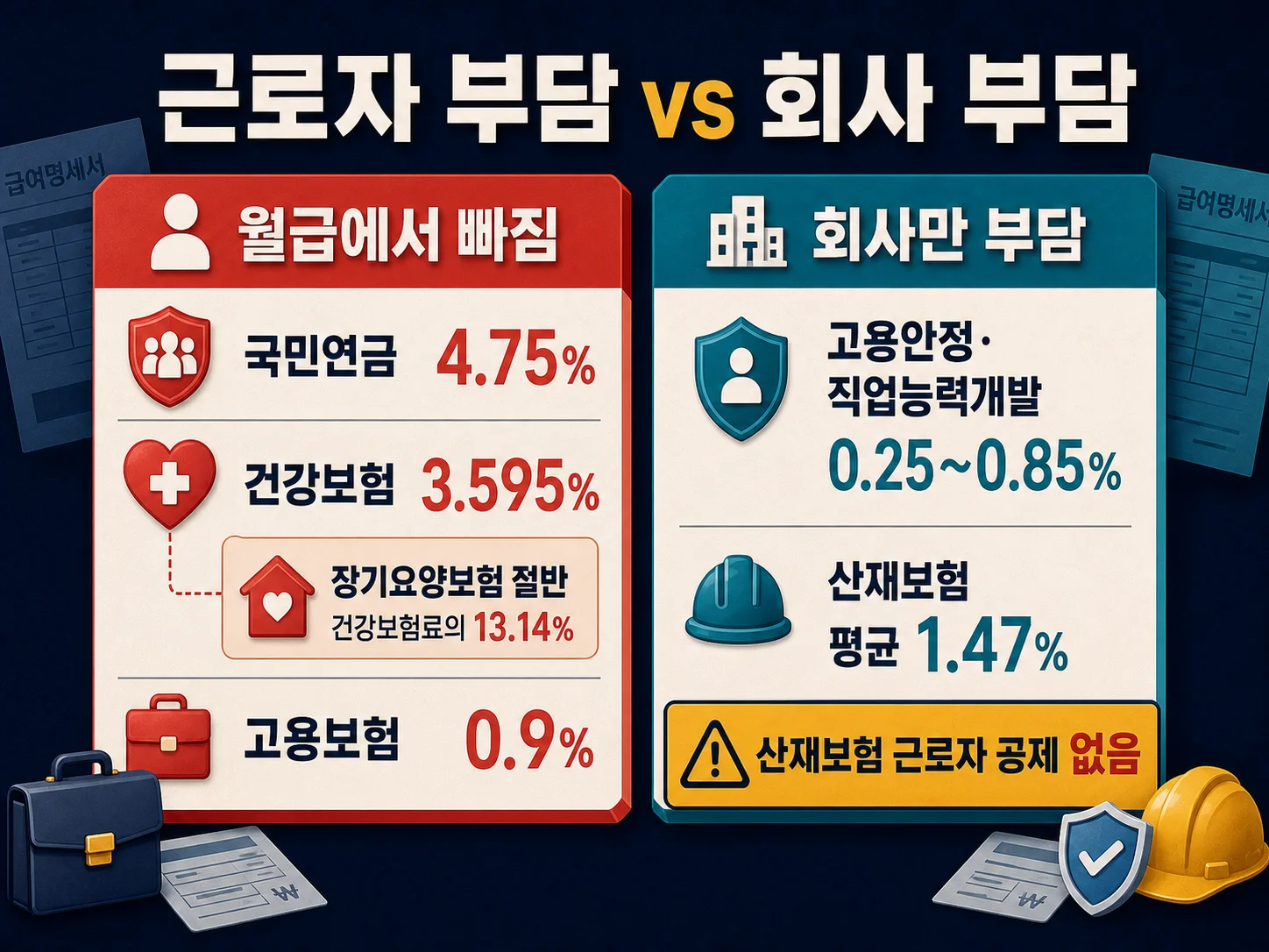 4대보험료 중 근로자 부담과 사업주 부담 항목을 구분한 이미지