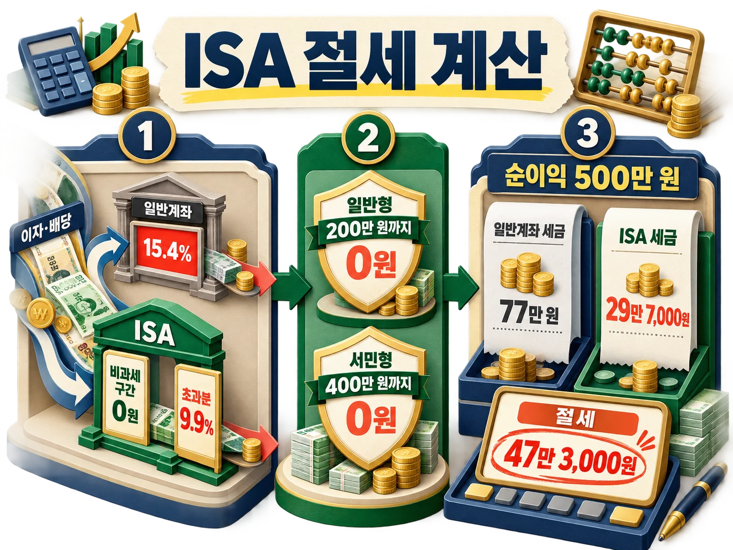 ISA 계좌 비과세 한도 200만 원으로 절세되는 세금 계산을 나타낸 이미지