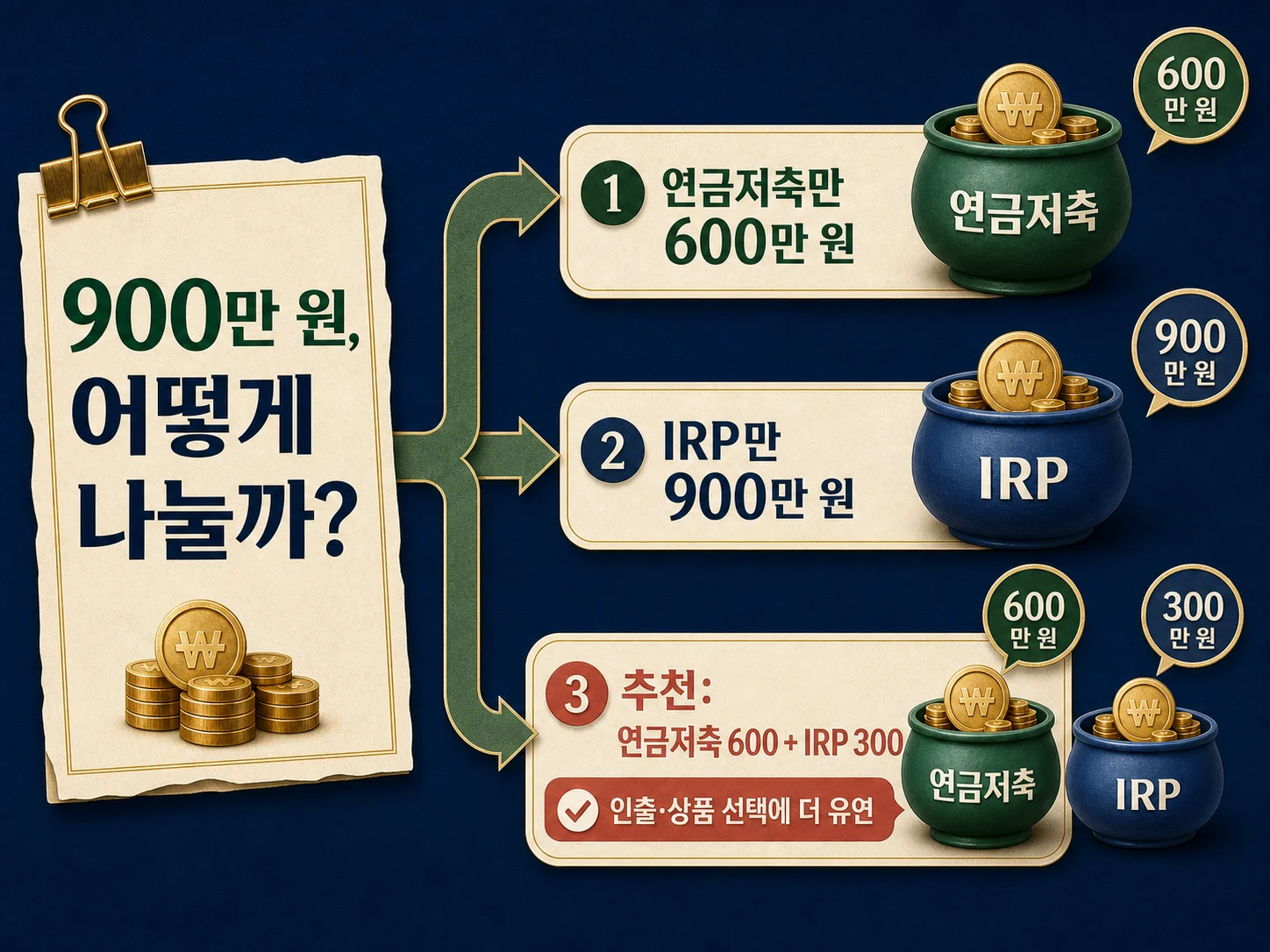 연금저축 600만 원과 IRP 300만 원으로 나눠 넣는 세액공제 한도 배분