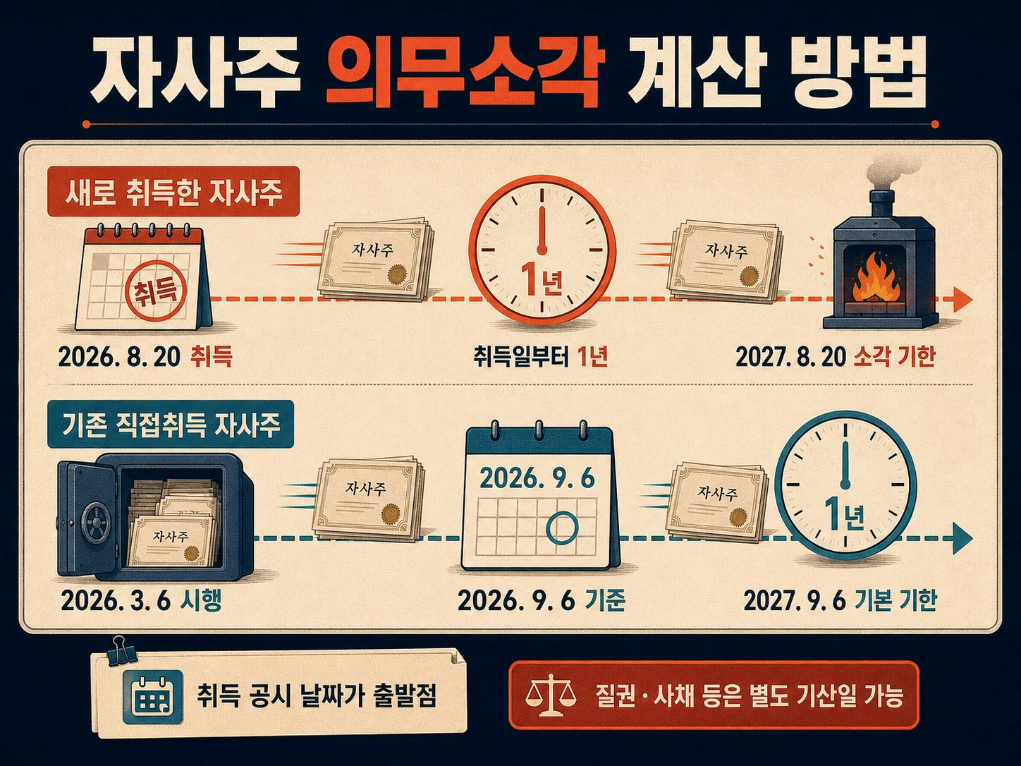 자사주 취득일과 기존 보유분별 의무소각 기한 타임라인