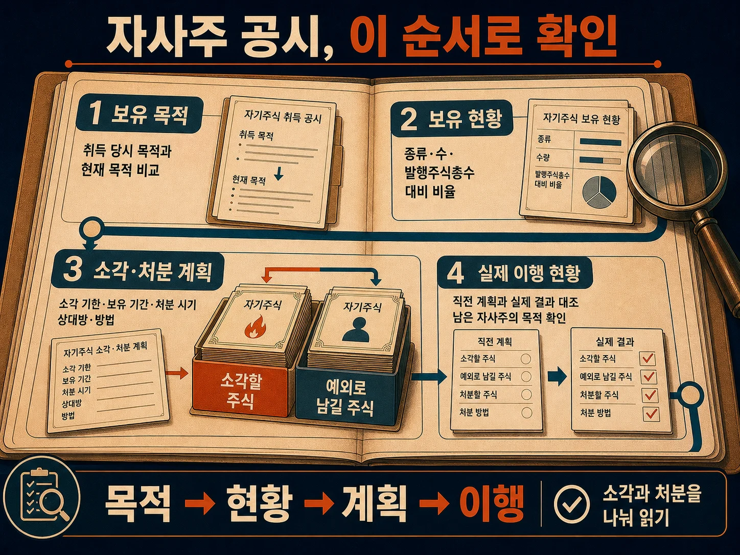 자사주 공시에서 목적·보유 현황·소각·처분 이행을 확인하는 체크리스트