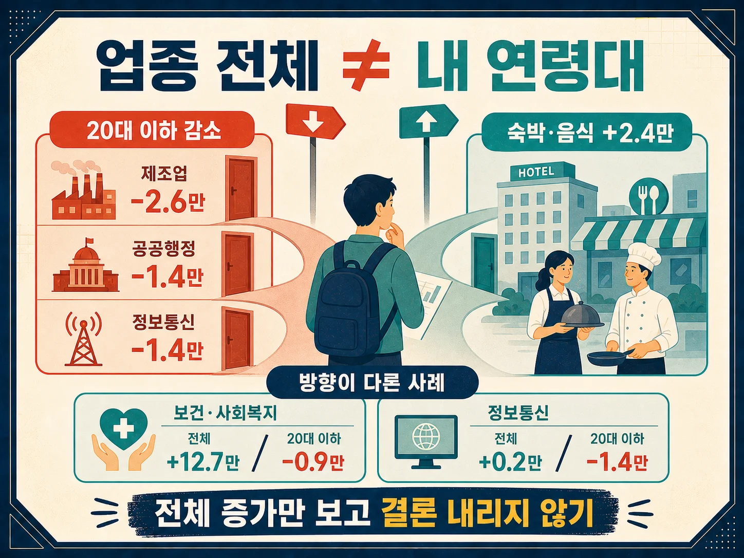 20대 이하와 30대의 업종별 일자리 증감 비교.