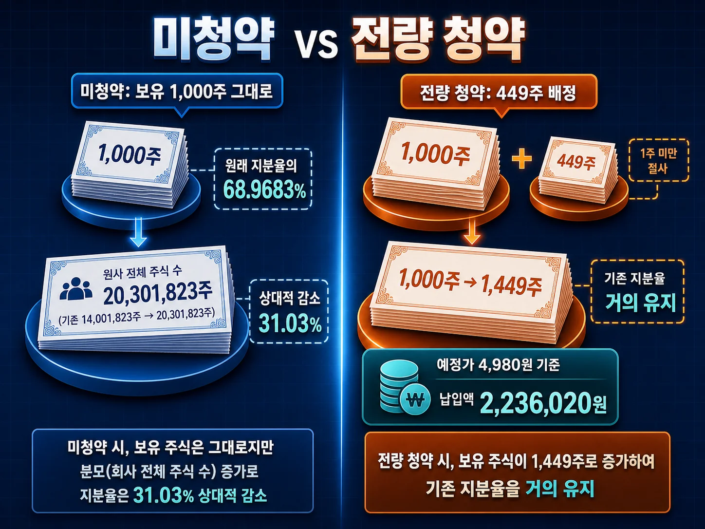 유상증자 미청약과 청약 시 지분율 희석 비교