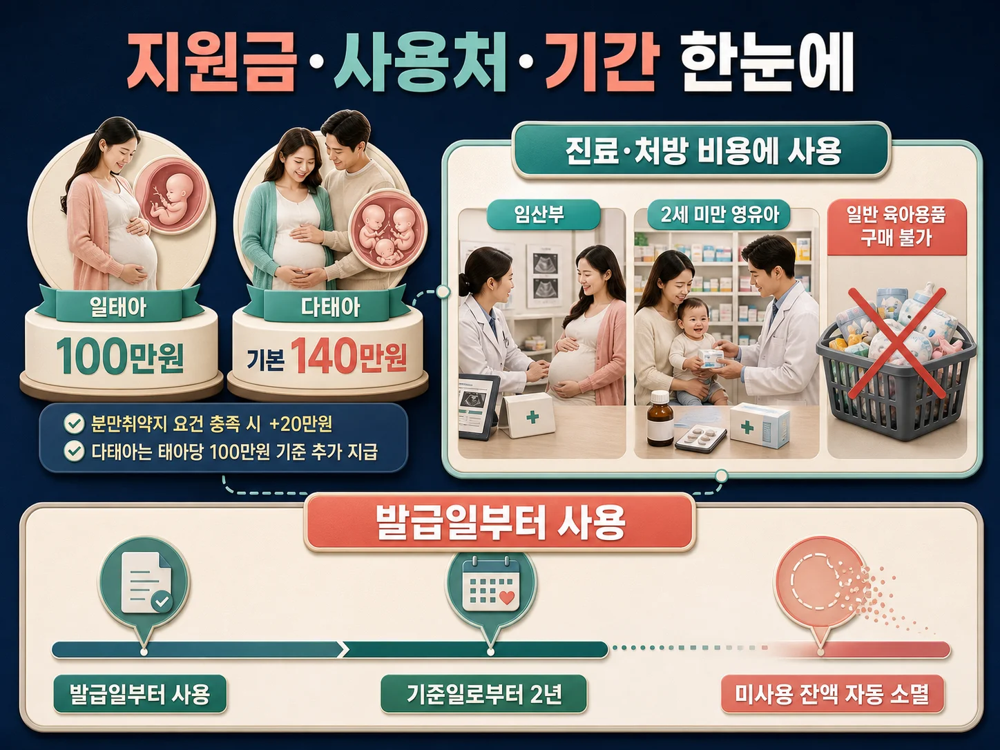 일태아 100만원과 다태아 기본 140만원 임신 바우처 사용 범위와 기간