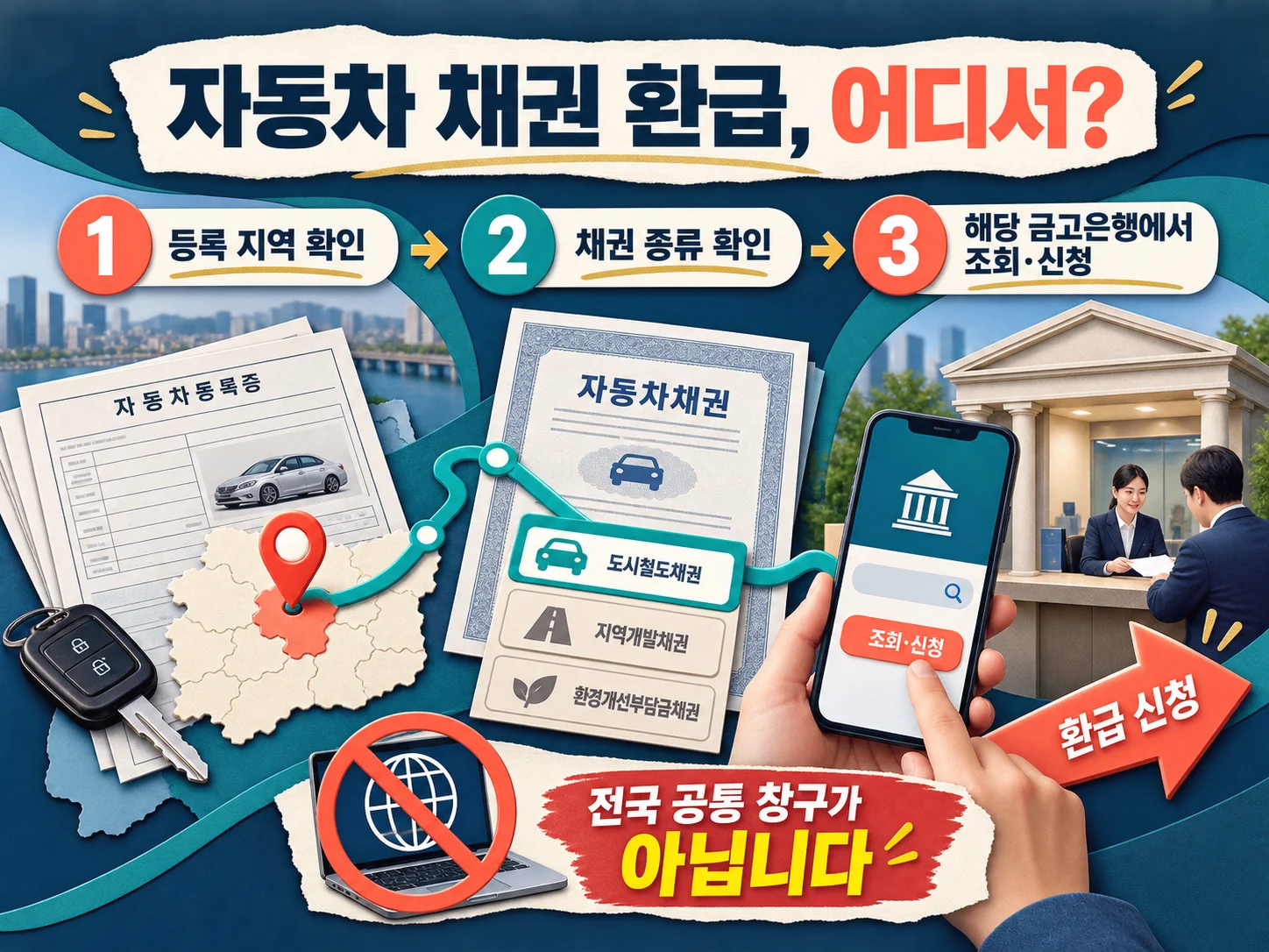 자동차 채권 환급금 조회를 위해 등록 지역 금고은행을 확인하는 과정