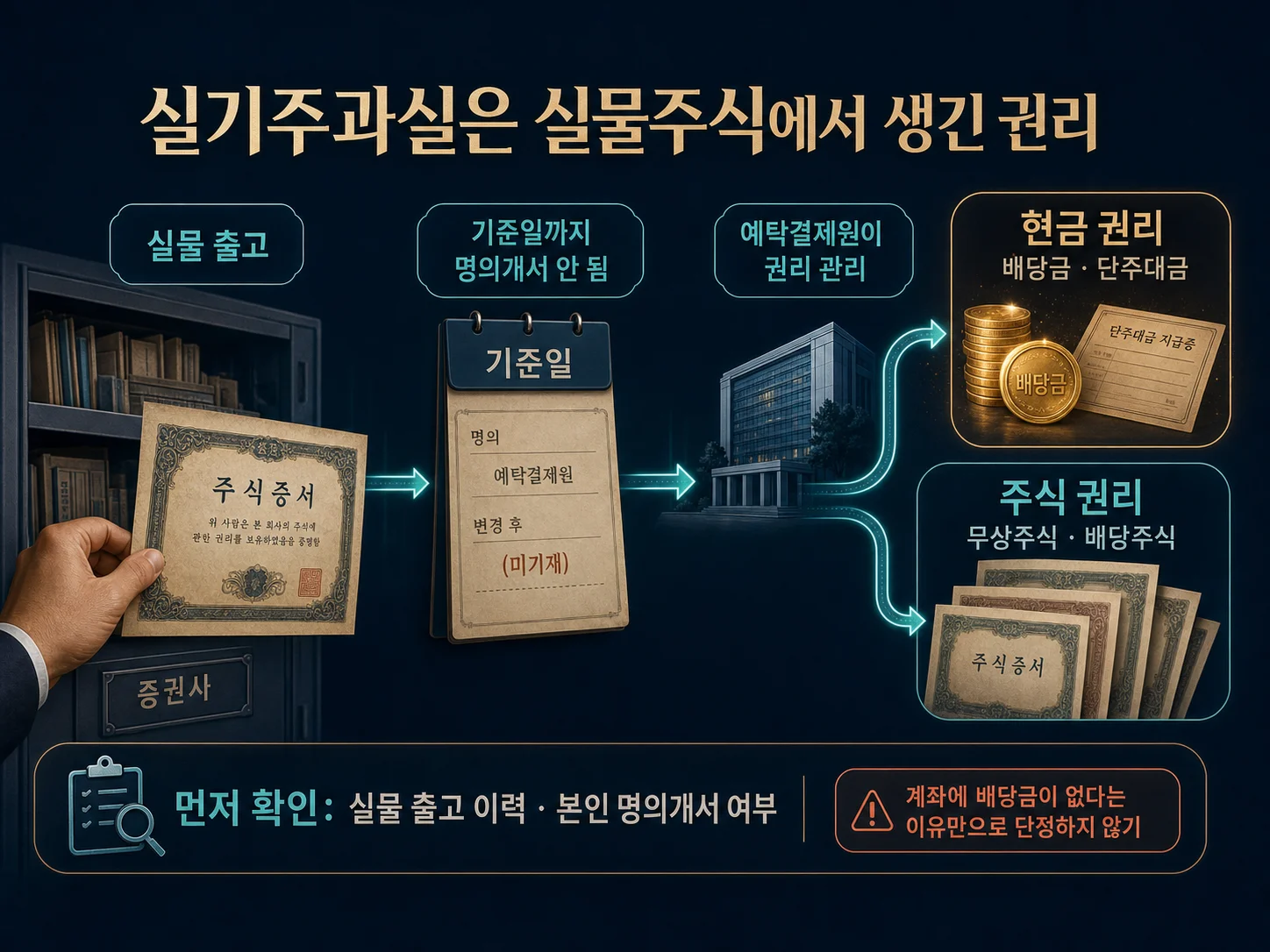 실물주식에서 발생한 실기주과실과 배당금·무상주식 구분
