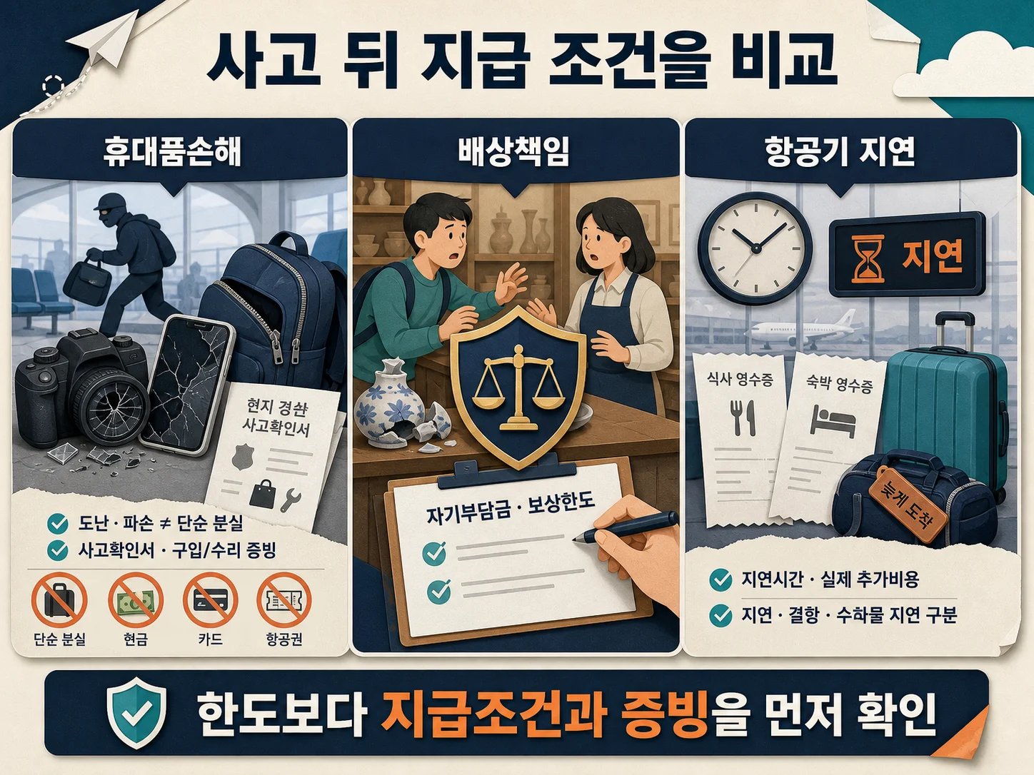 해외여행자보험 휴대품손해·배상책임·항공기 지연 지급조건 확인