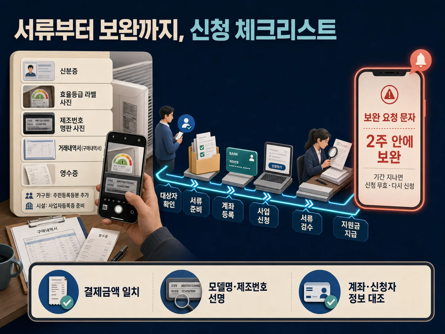 한전 지원금 신청서류와 보완 요청 및 서류 검수 절차를 보여주는 안내 이미지
