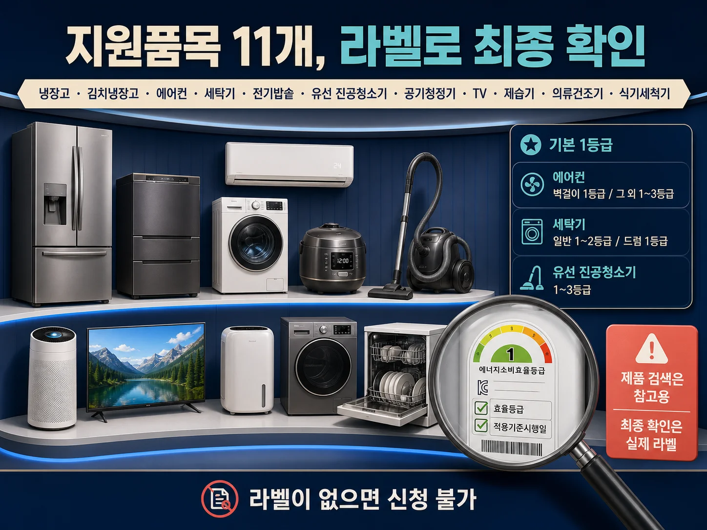 고효율가전 지원품목과 에너지소비효율등급 라벨 확인 방법을 보여주는 안내 이미지