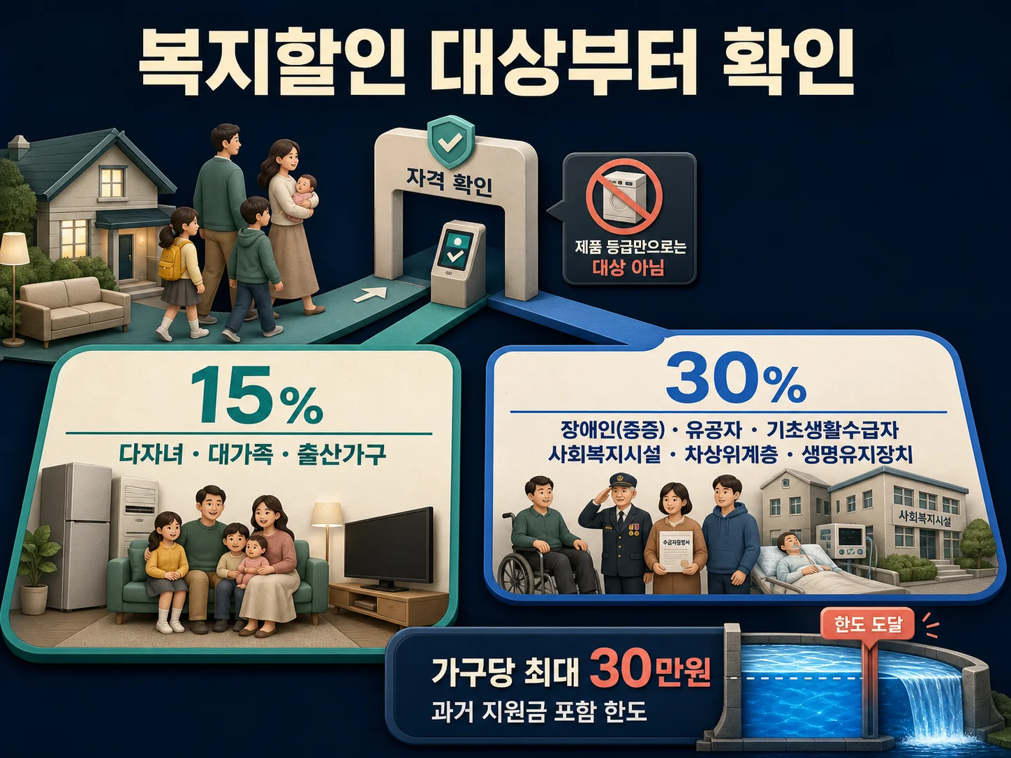 한전 복지할인 대상자와 가구당 지원한도를 확인하는 안내 이미지