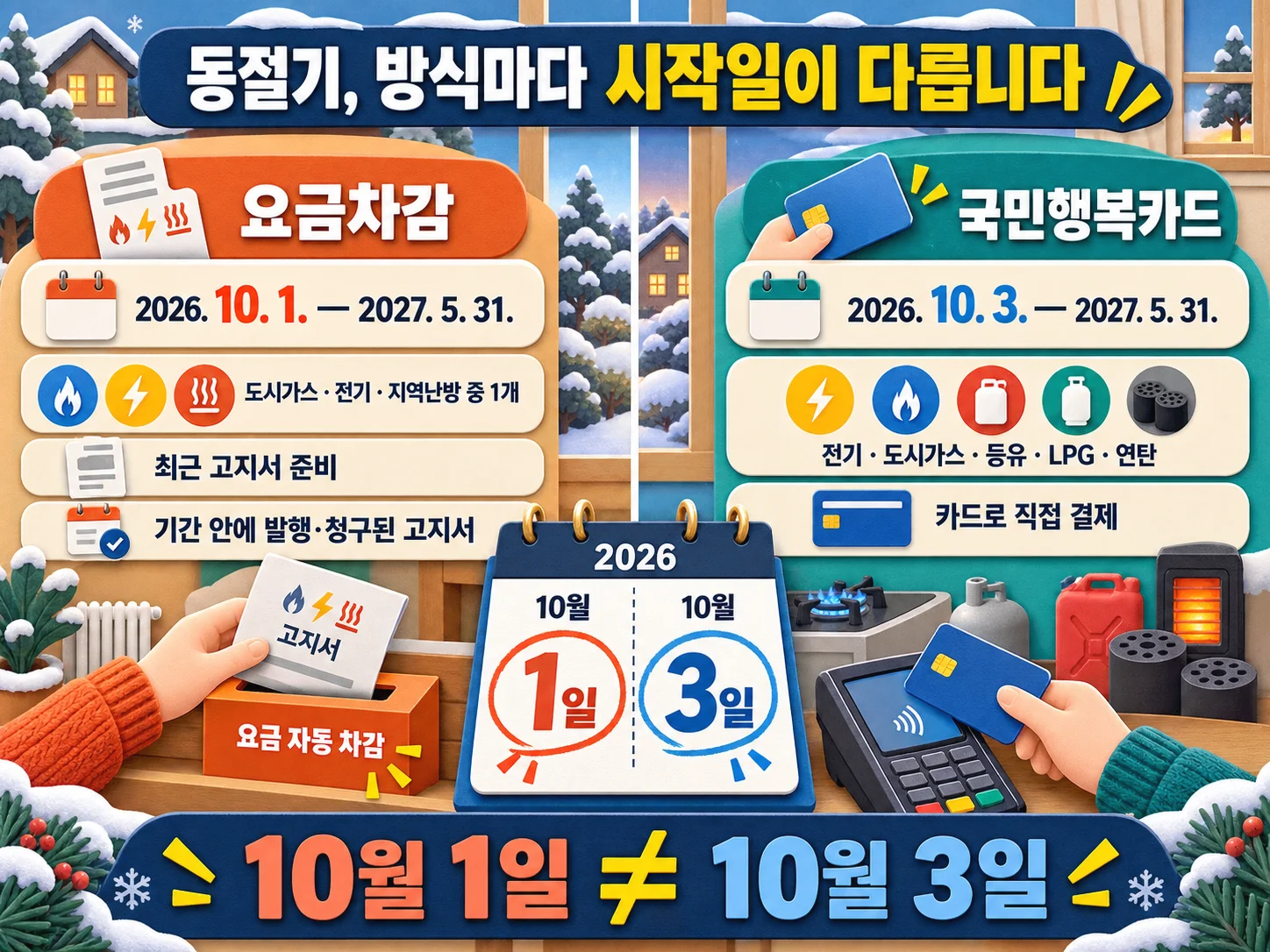 에너지바우처 동절기 요금차감과 국민행복카드 사용 시작일 비교