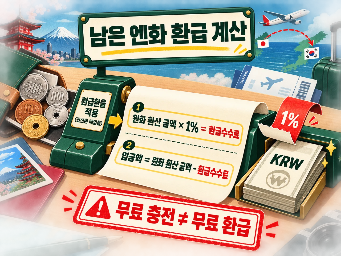 남은 일본 엔화 원화 환급환율과 1% 환급수수료 계산