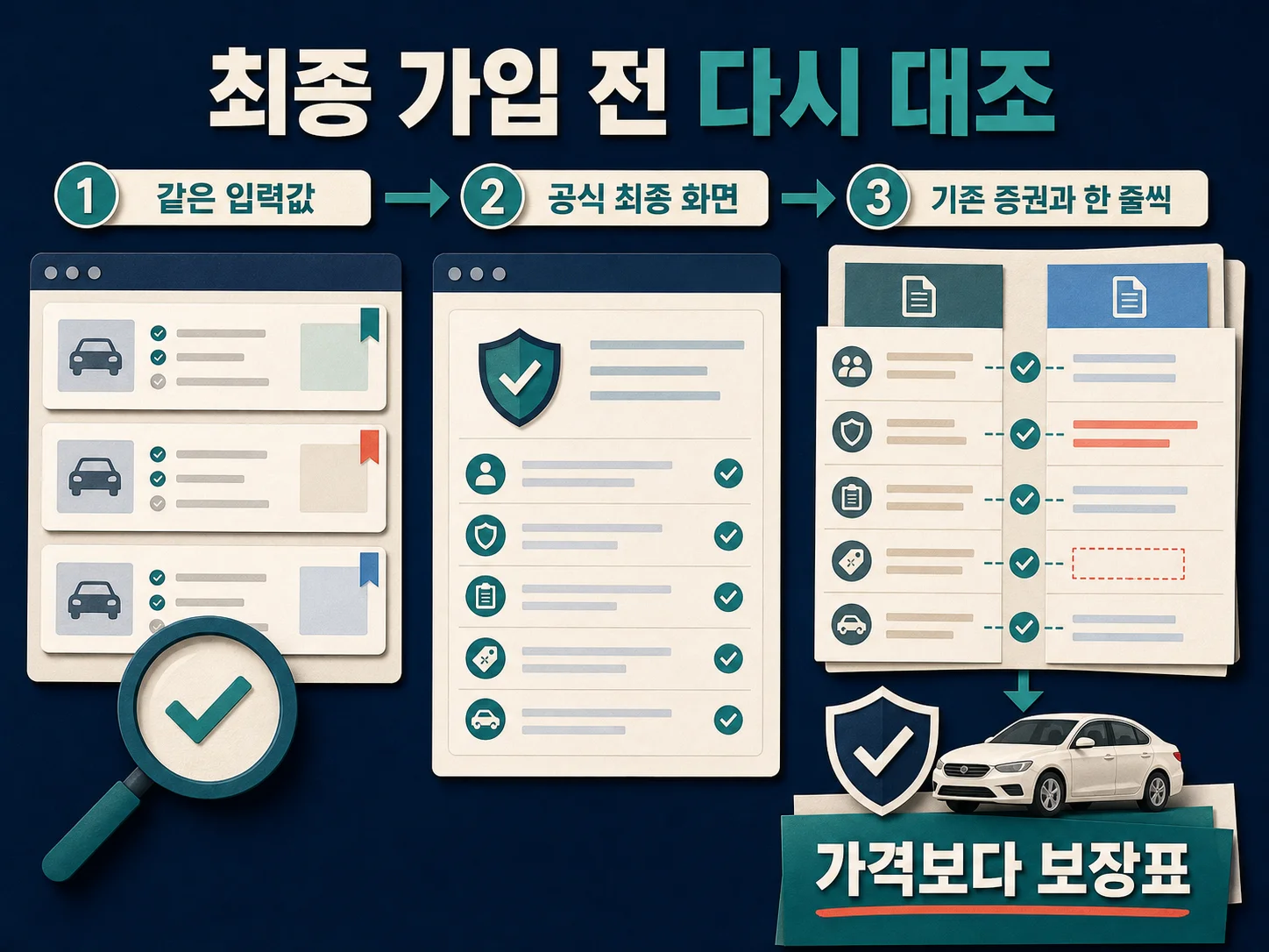다이렉트 자동차보험 최종 견적과 기존 계약을 비교하는 확인표