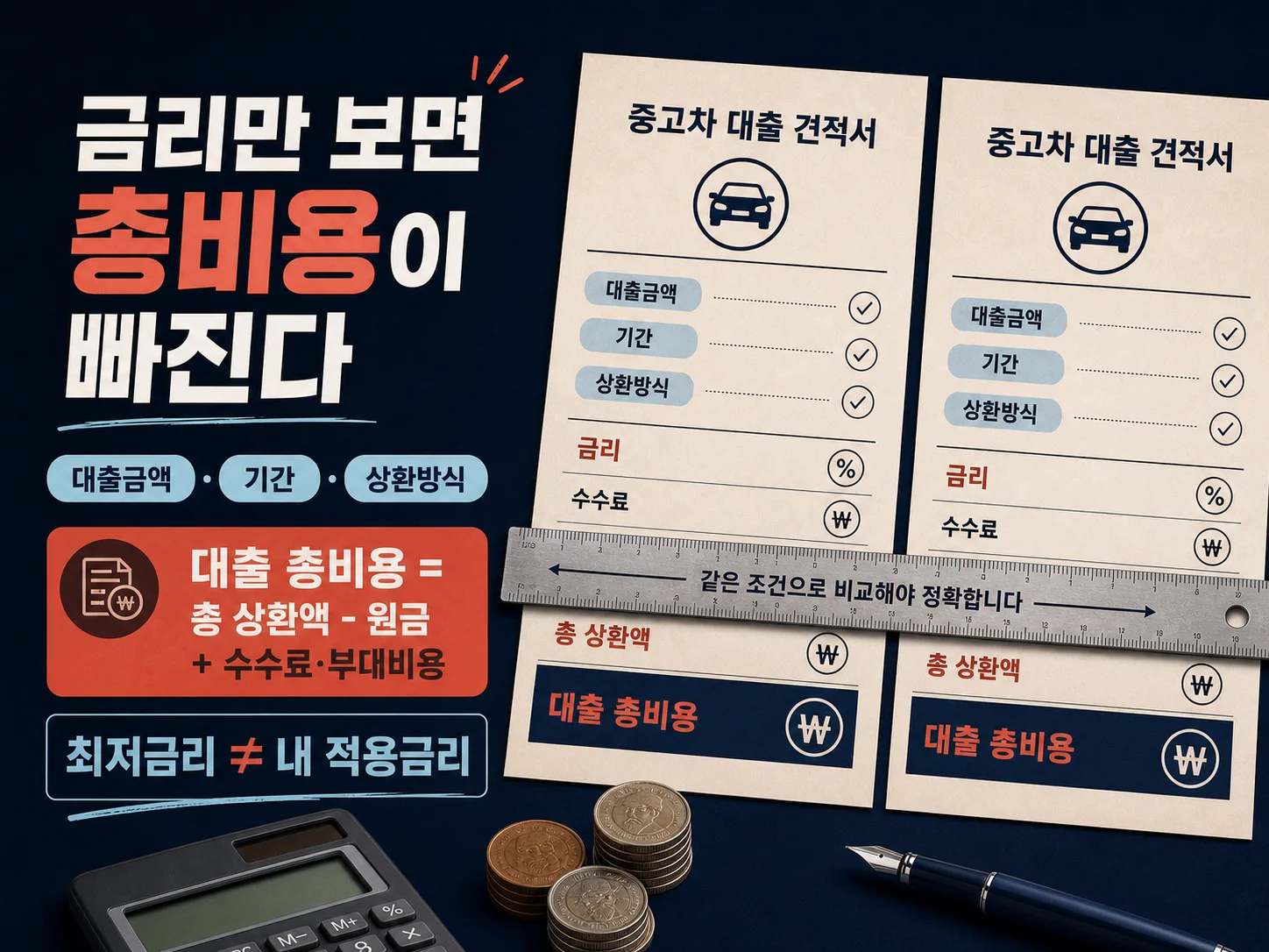 중고차 대출 총비용과 이자·취급수수료·저당권 비용을 계산하는 비교표