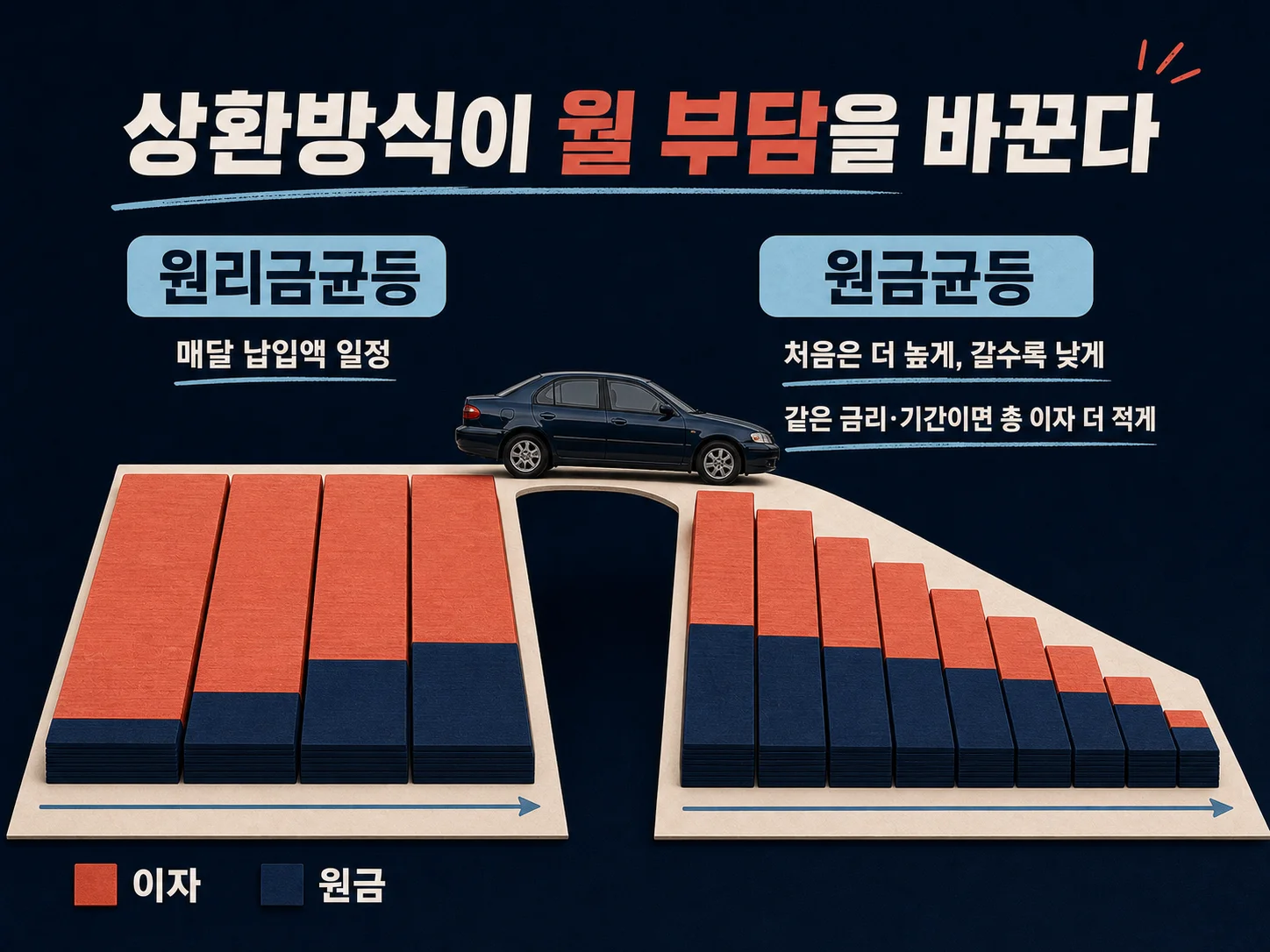 원리금균등과 원금균등의 월 납입액과 총 이자를 비교하는 이미지