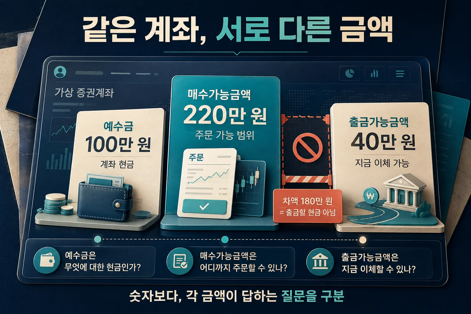 예수금·매수가능금액·출금가능금액의 차이를 비교한 화면