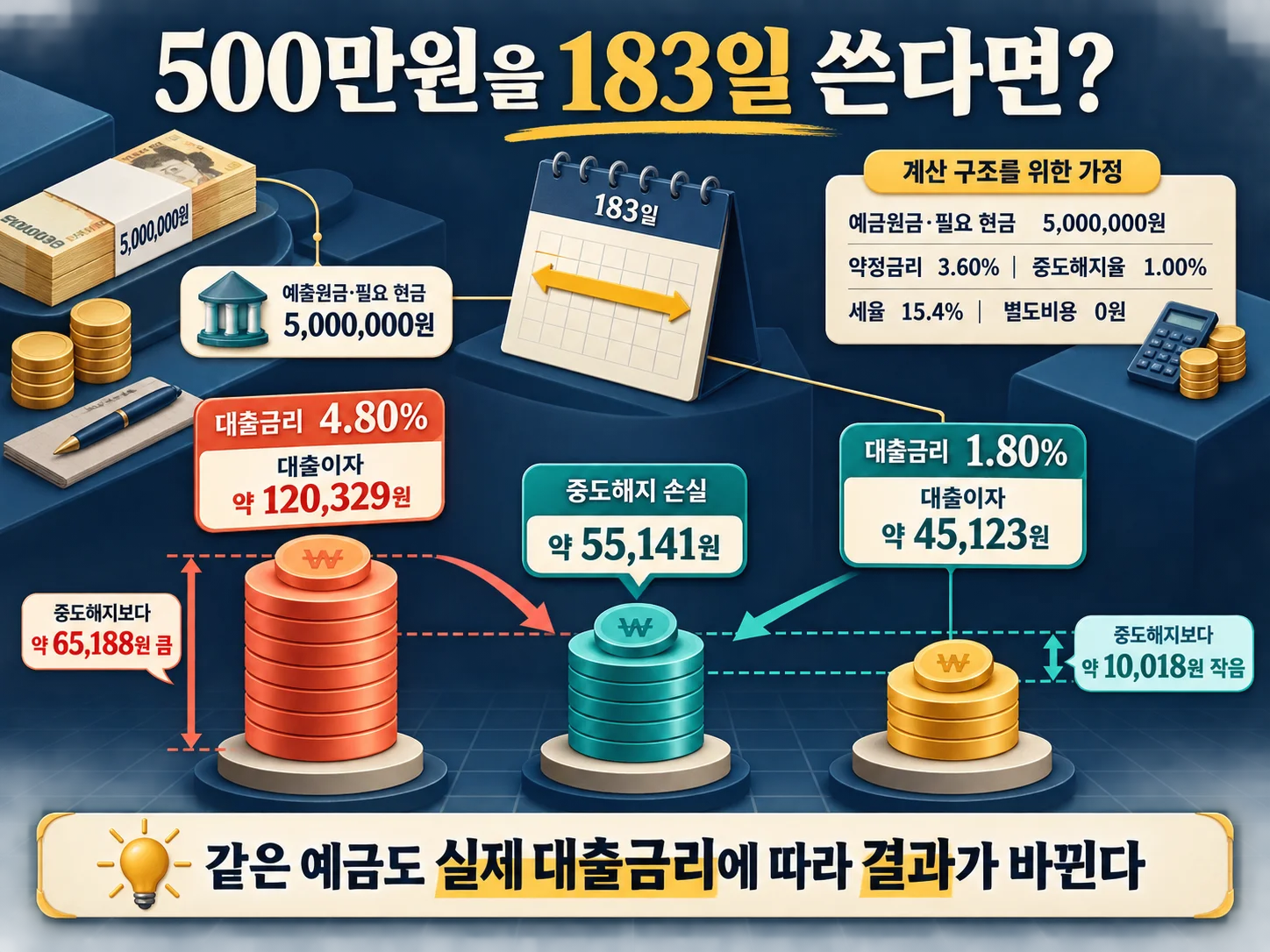 500만원 예금 중도해지와 담보대출 비용 비교 예시