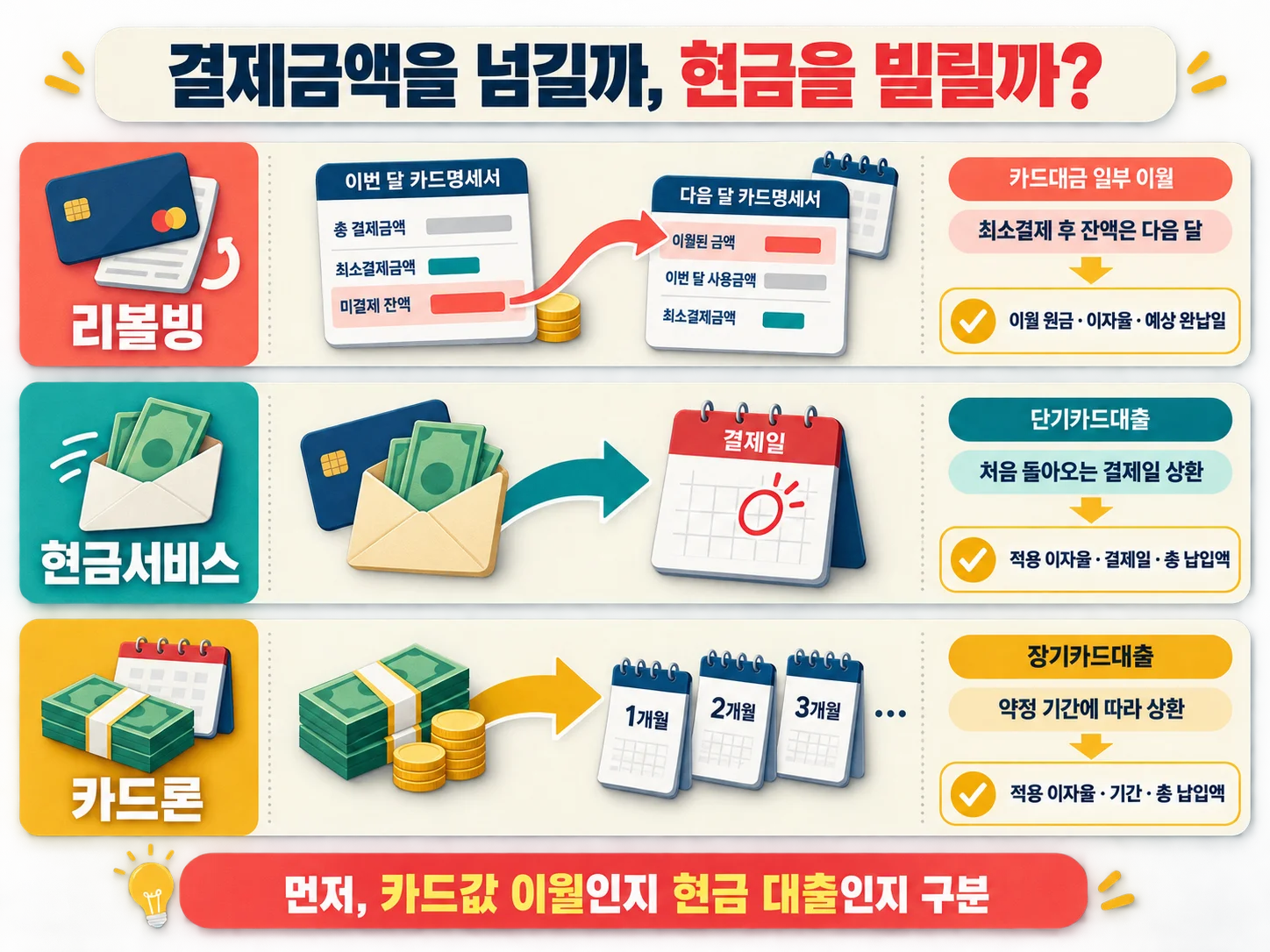 리볼빙과 현금서비스·카드론의 상품 성격을 비교한 안내