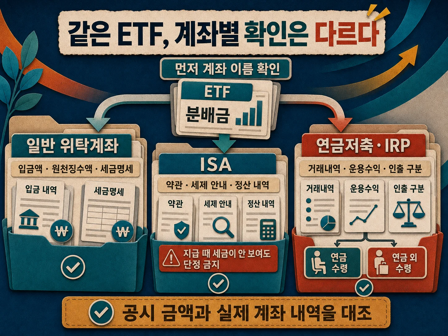 ETF 분배금의 일반계좌·ISA·연금계좌별 세금 확인 자료.