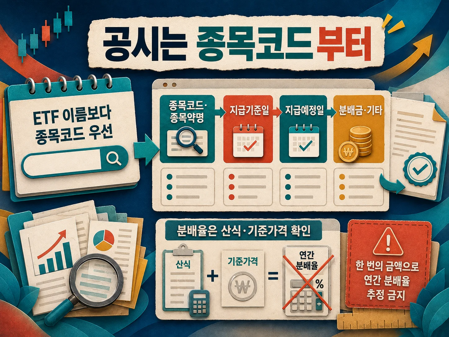 ETF 분배금 공시에서 종목코드·분배금·기타 안내를 확인하는 순서.