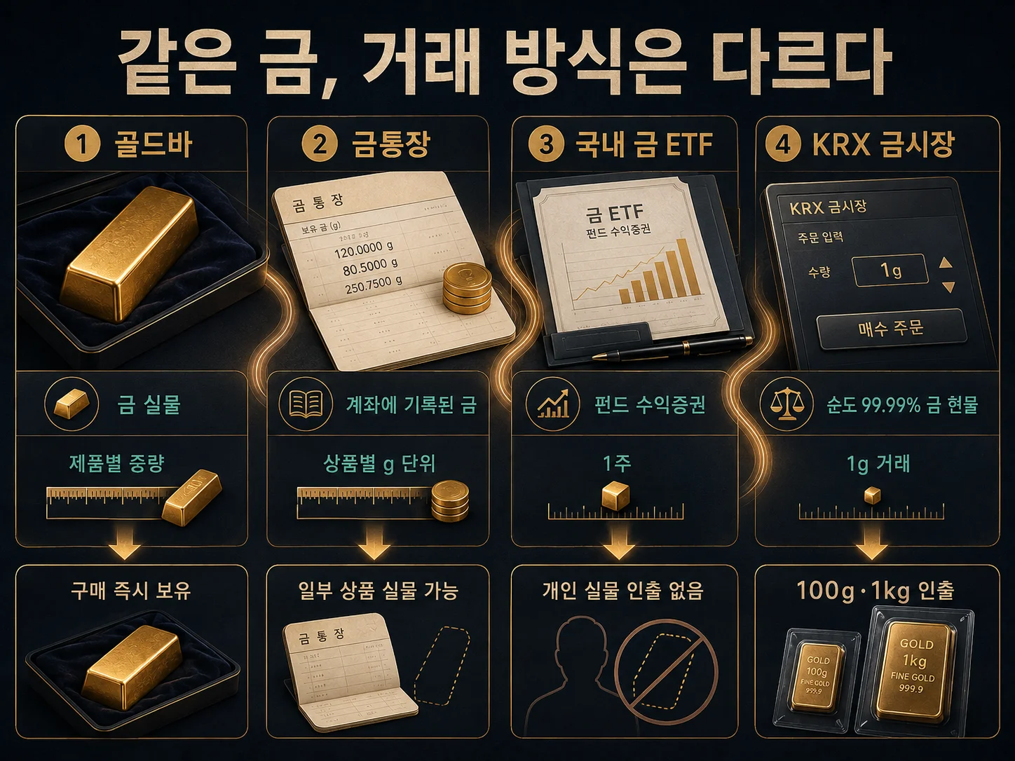 골드바·금통장·국내 금 ETF·KRX 금시장의 거래 방식 비교