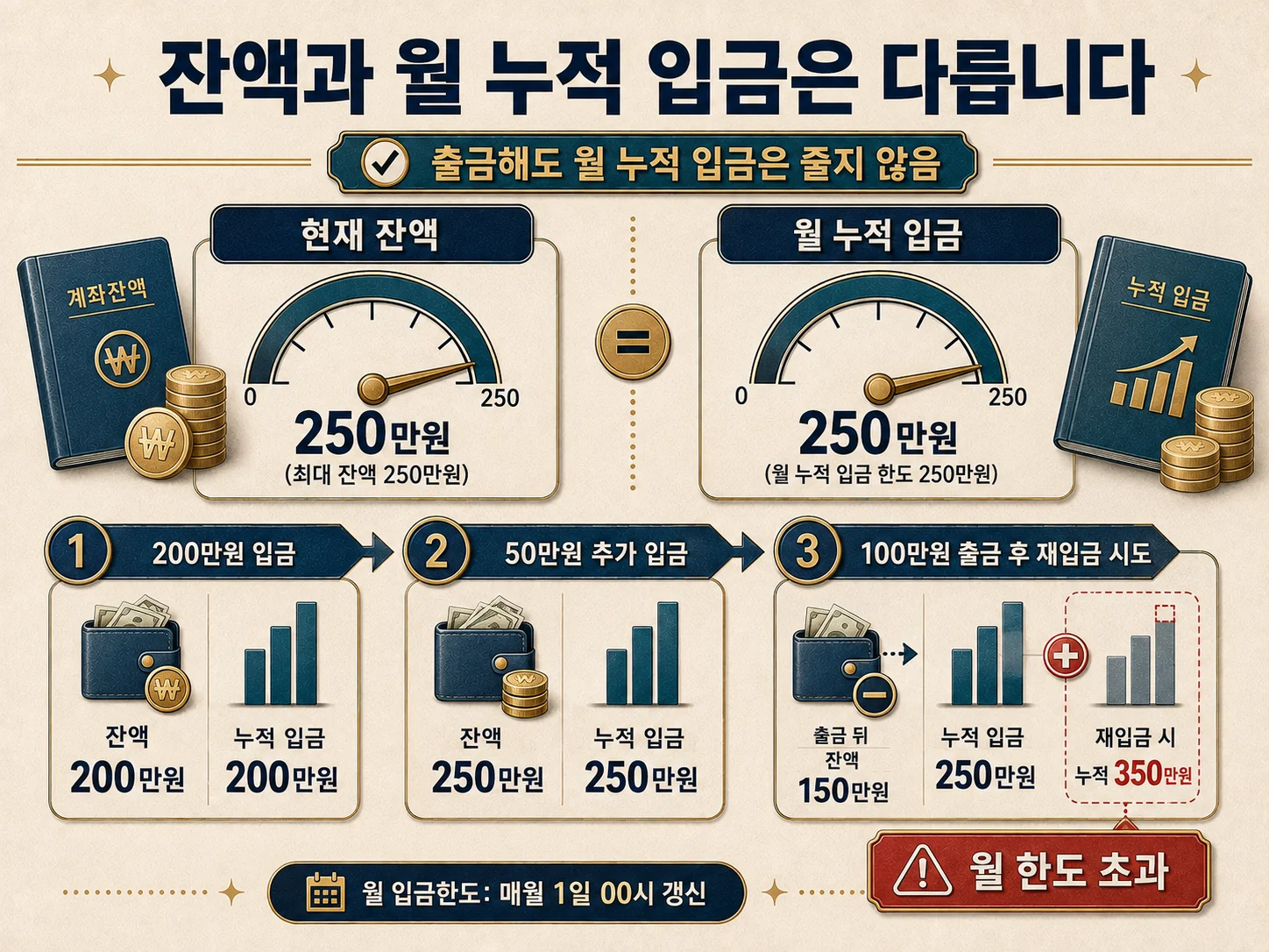 • 생계비통장 250만원 최대 잔액과 월 누적 입금액 계산