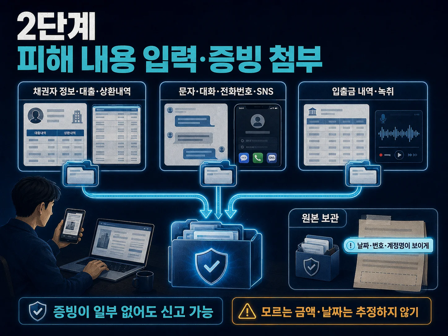 불법사금융 피해신고 증빙자료와 연락 기록을 정리하는 모습