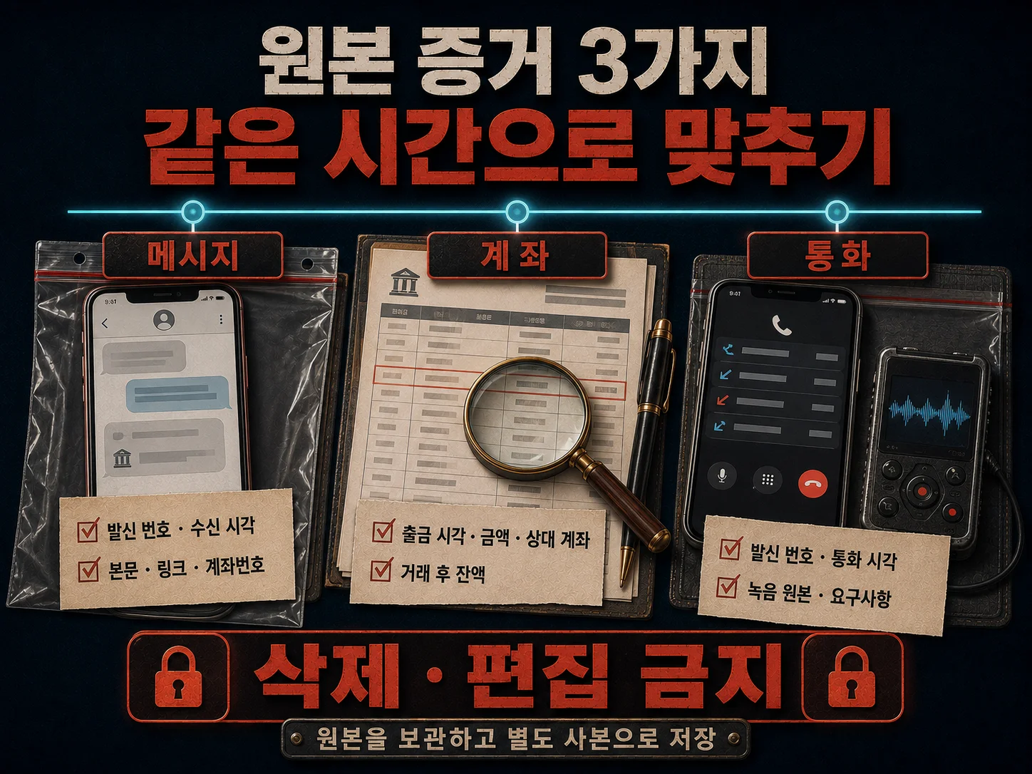 - 보이스피싱 메시지·계좌·통화 증거 보존