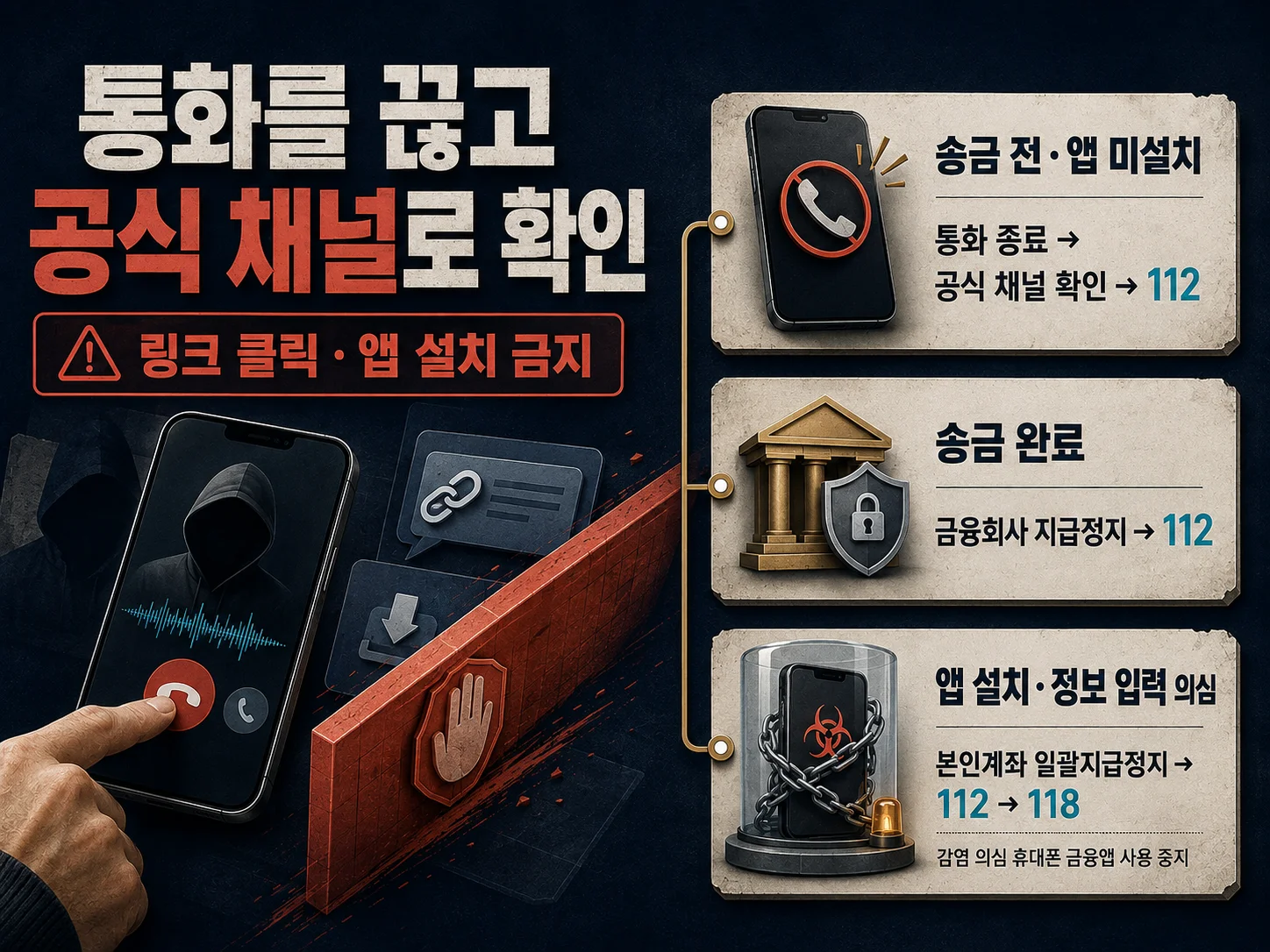- 보이스피싱 의심 시 추가 송금과 악성앱 설치 중단