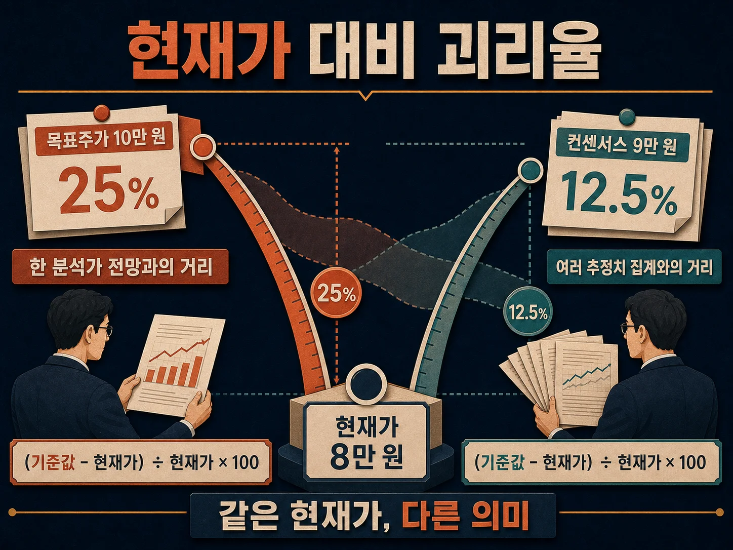 현재가 대비 목표주가와 컨센서스 괴리율 계산 예시.