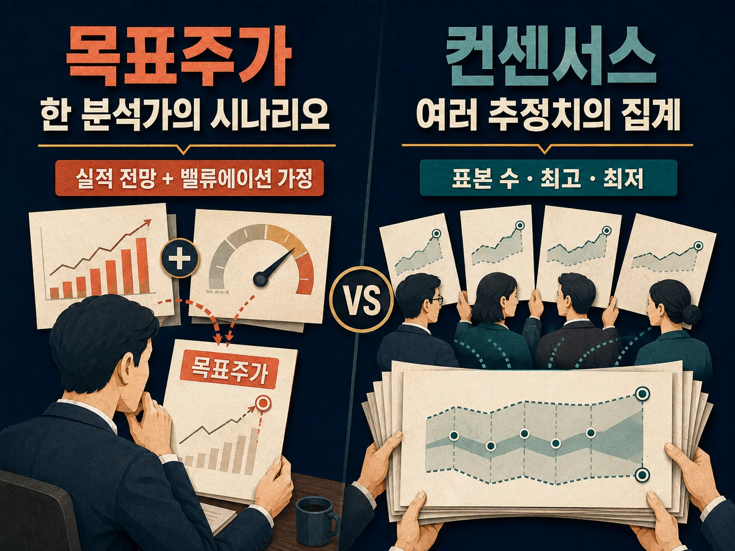 목표주가와 컨센서스의 산출 주체와 차이를 정리한 표.
