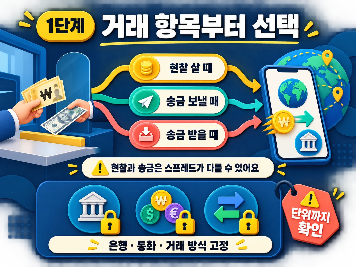 현찰 환전과 송금 환전의 거래 방식별 환율 항목 비교