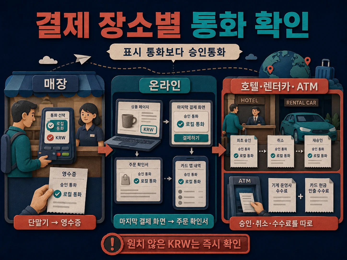 오프라인 매장·온라인 쇼핑·호텔에서 해외 결제 통화를 선택하는 이미지
