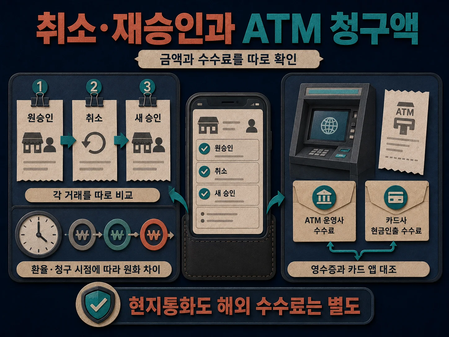 해외 결제 취소·재승인과 ATM 인출 수수료를 확인하는 이미지