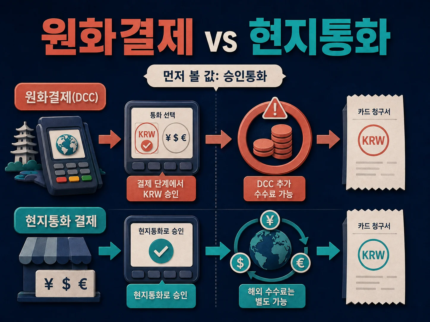 DCC 원화결제와 현지통화 결제의 승인통화 차이를 보여주는 이미지