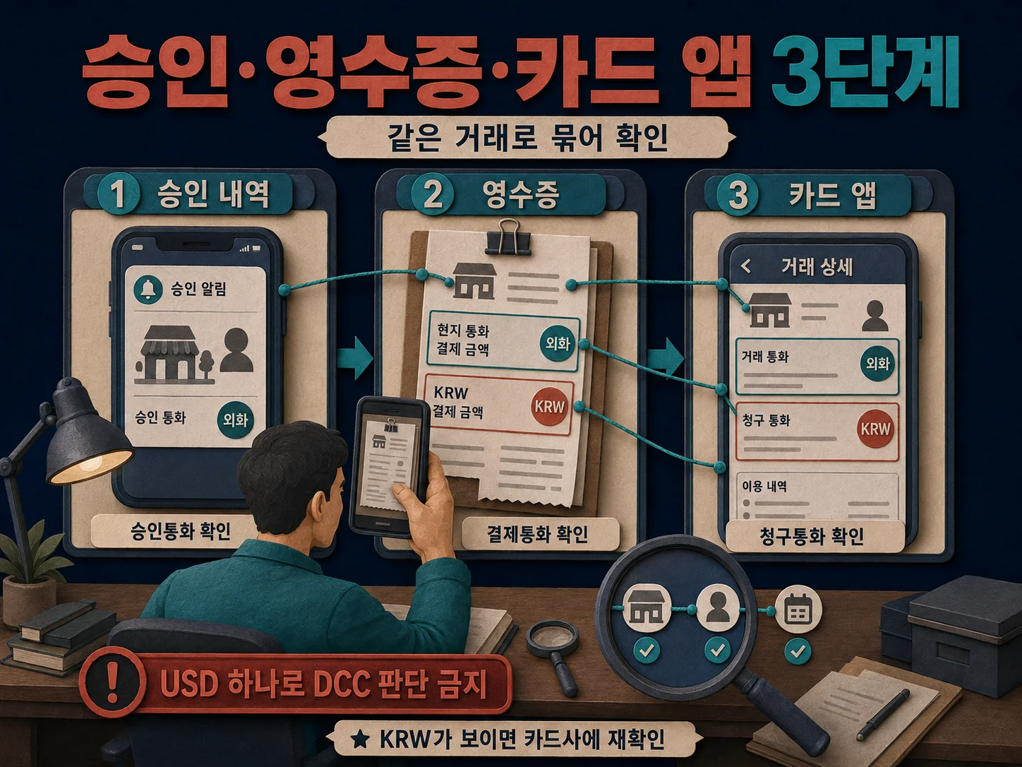 해외 결제 승인 내역·영수증·카드 앱의 청구통화를 대조하는 이미지